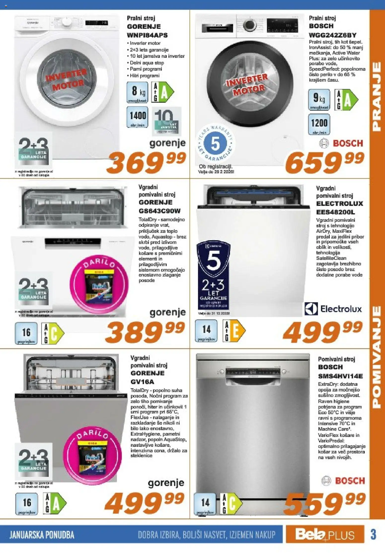 Novi Bela plus katalog ponudbe – veljaven od 19.01.2026 | Stran: 3 | Izdelki: Pribor, Pralni stroj, Vgradni pomivalni stroj, Voda