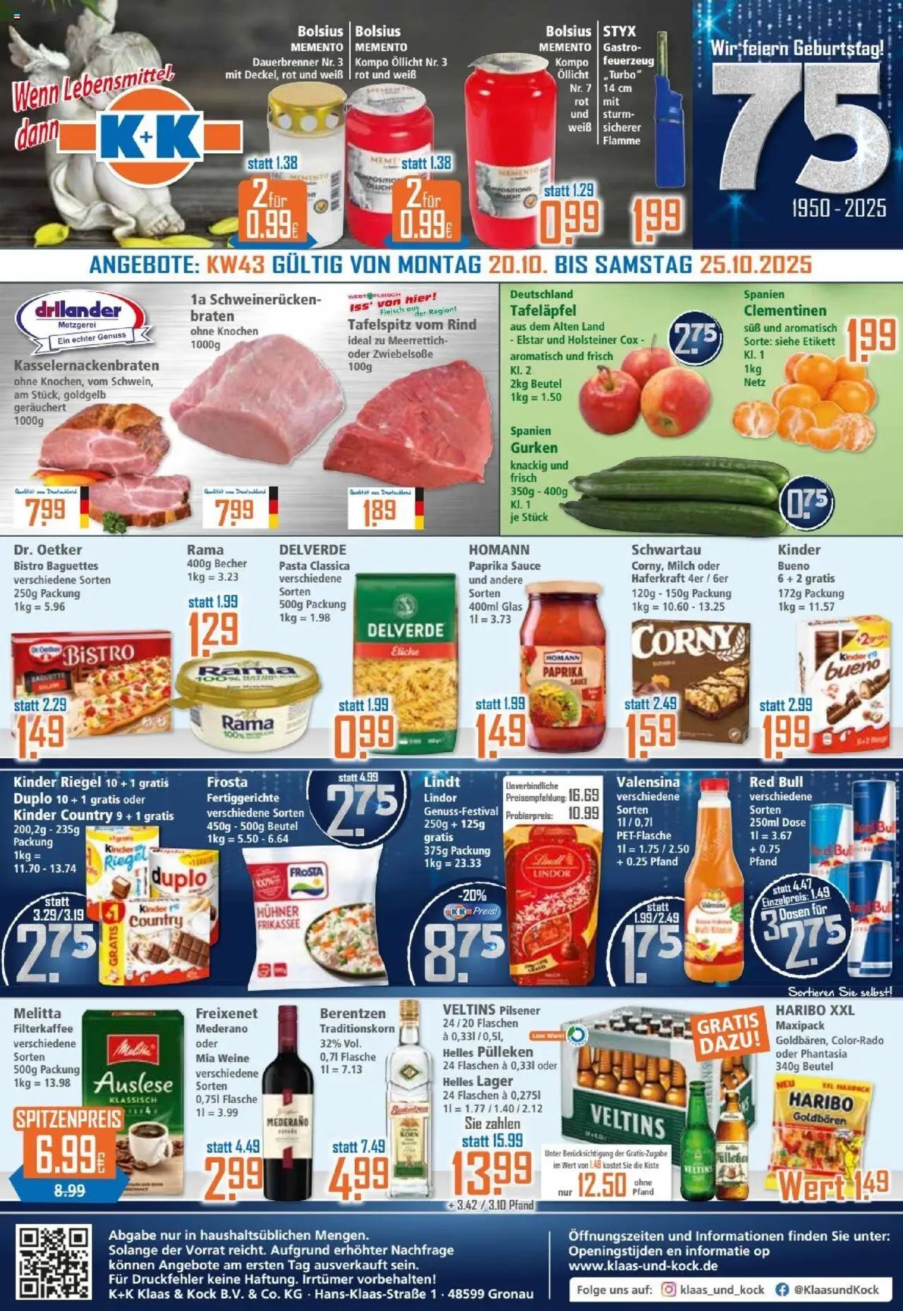 Klaas & Kock Prospekt – gültig ab 20.10.2025 | Seite: 1 | Produkte: Kinder riegel, Valensina, Fleisch, Veltins