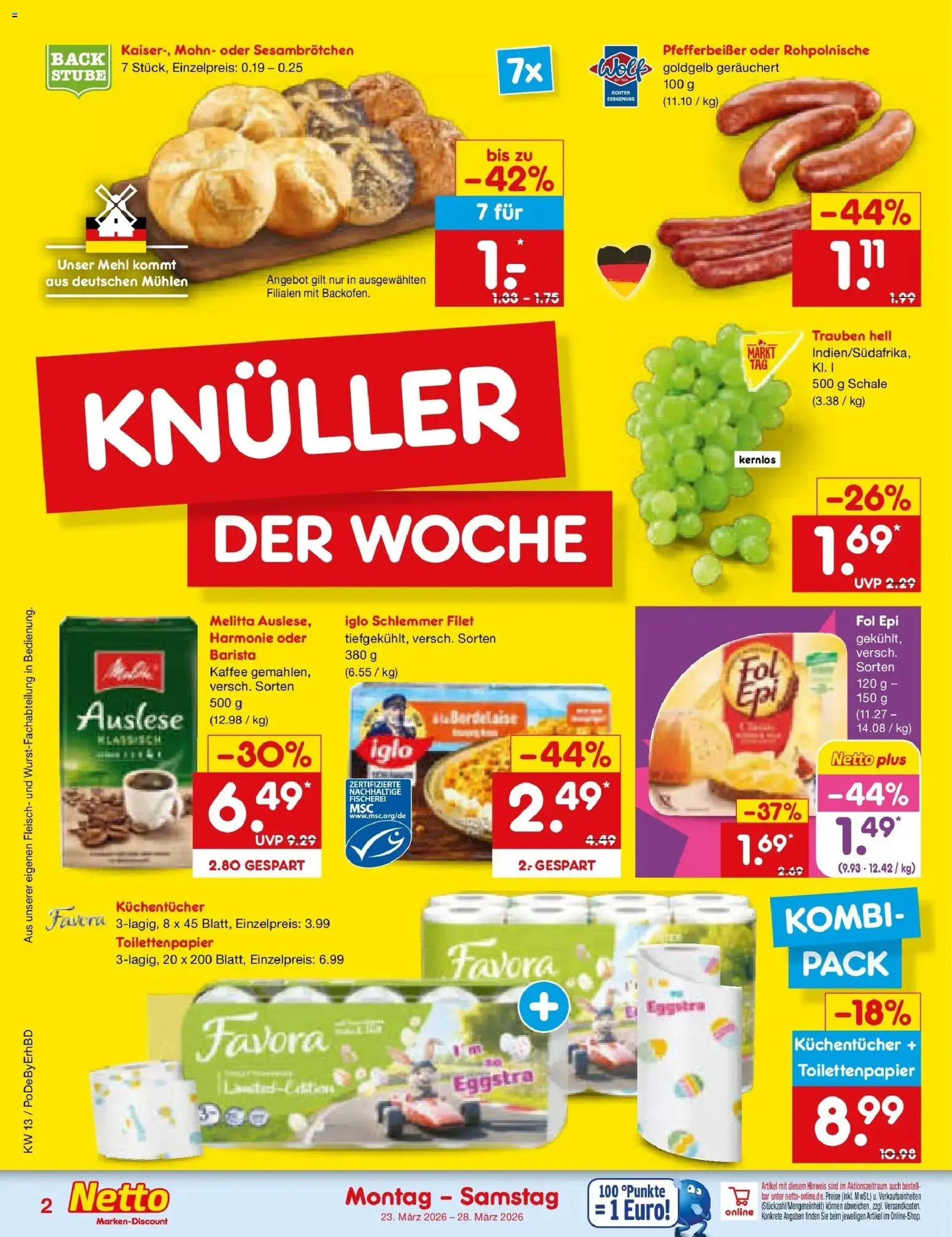Netto Marken-Discount Prospekt Ergolding	 – gültig ab 23.03.2026 | Seite: 2 | Produkte: Melitta, Mehl, Iglo, Fleisch