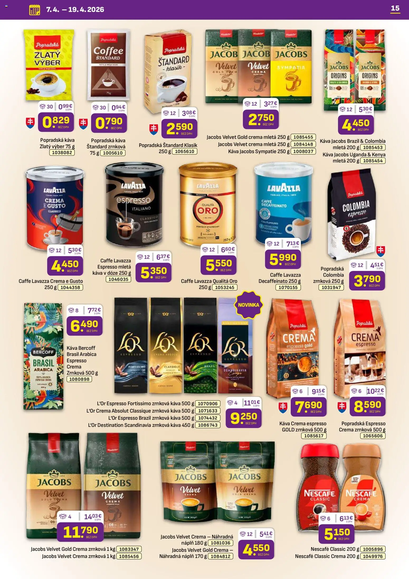 Nové Libex akcie – leták je platný od 07.04.2026 | Strana: 15 | Produkty: Jacobs Velvet, Káva, Nescafé Classic, Nescafé Crema