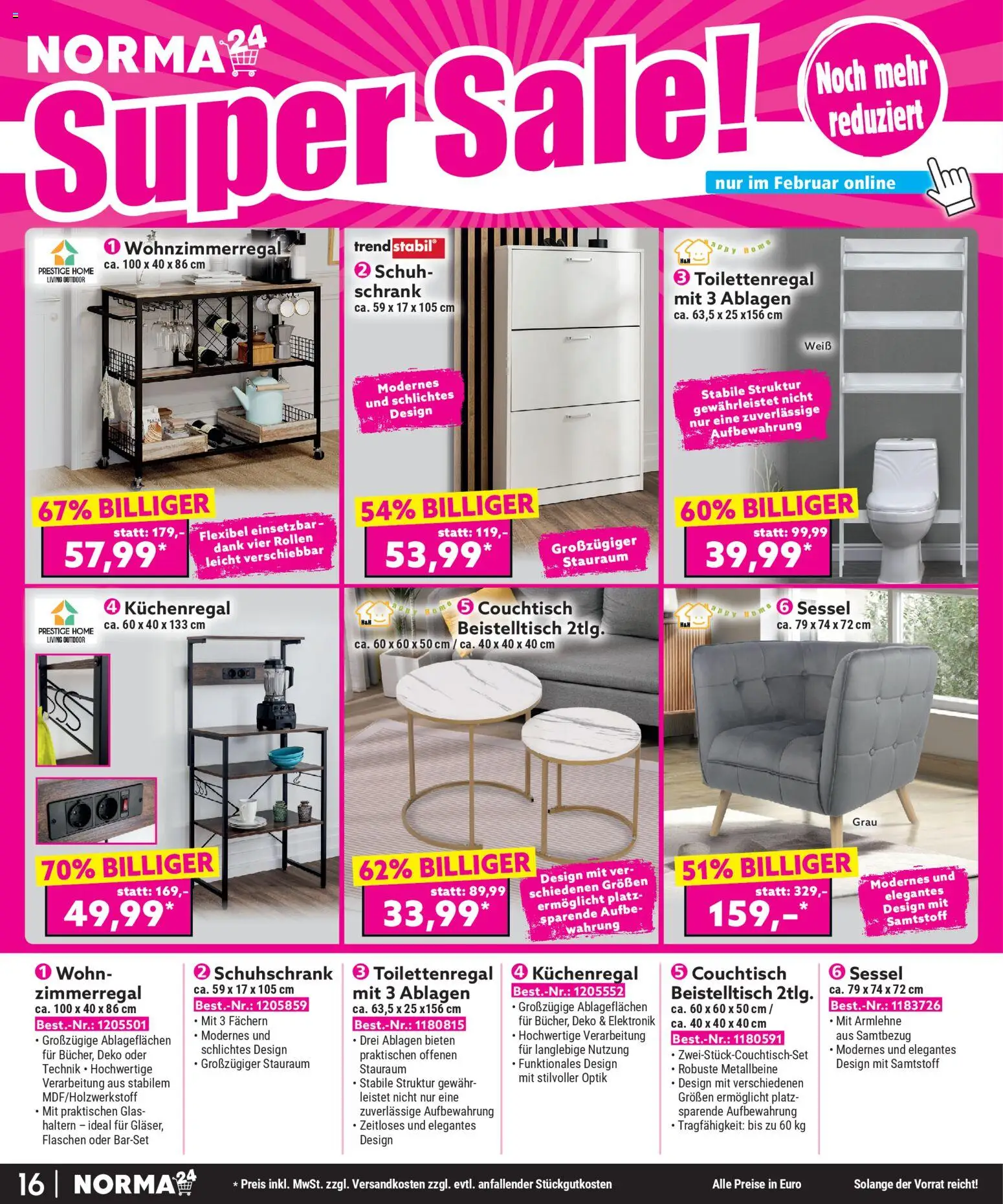 Norma Bestellmagazin Februar 2026 – gültig ab 01.02.2026 | Seite: 16 | Produkte: Beistelltisch, Sessel, Couchtisch, Schrank