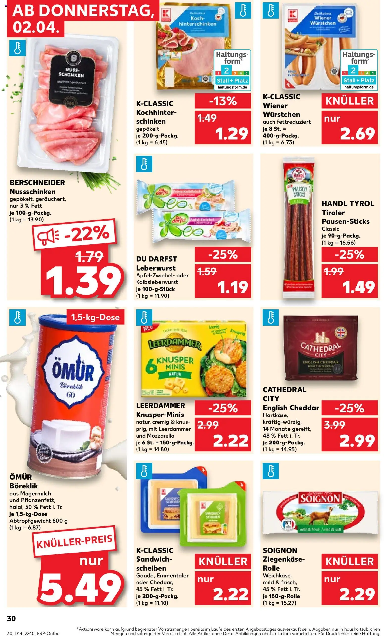 Kaufland Prospekt Speyer	 – gültig ab 02.04.2026 | Seite: 30 | Produkte: Wiener wurstchen, Ziegenkäse, Leerdammer, Schinken
