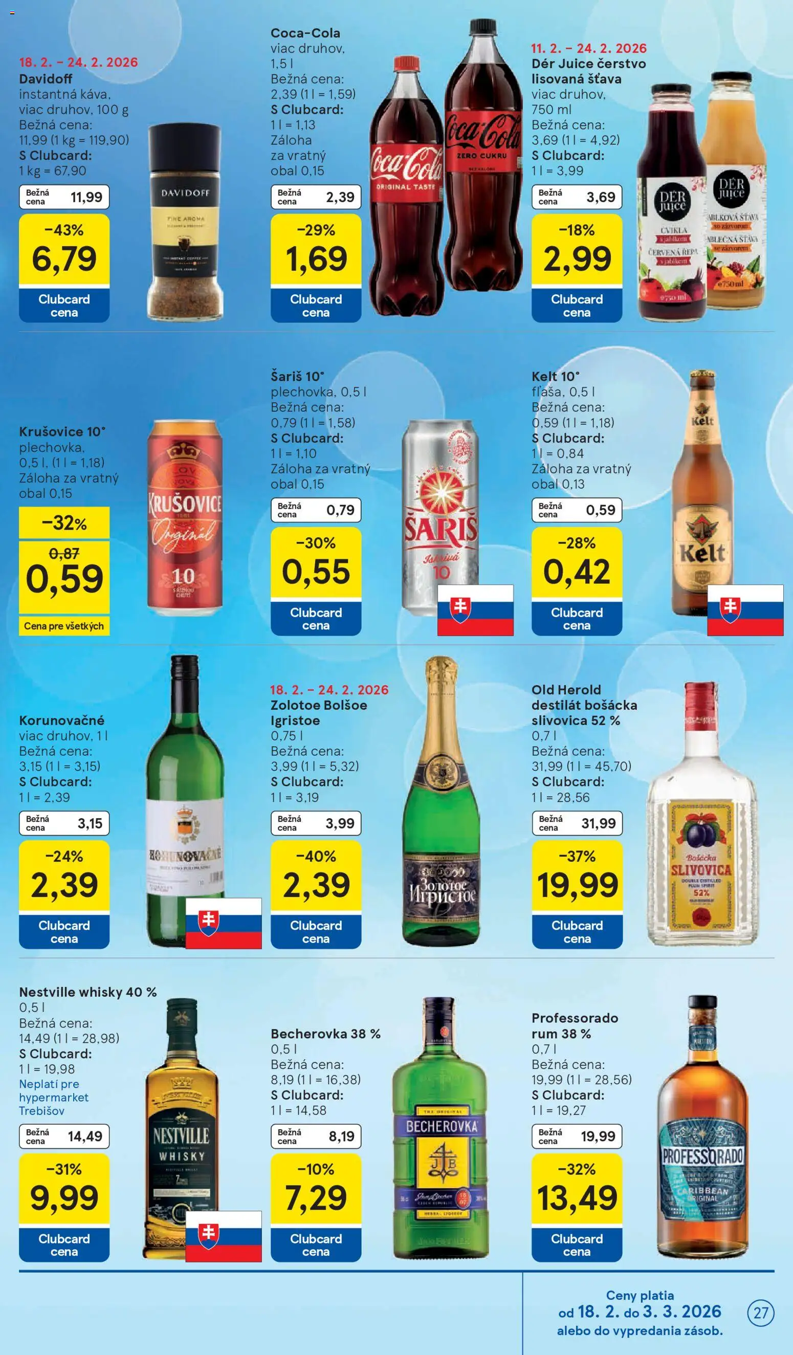Nové Tesco akcie – leták je platný od 18.02.2026 | Strana: 27 | Produkty: Krušovice, Cvikla, Cola, Rum