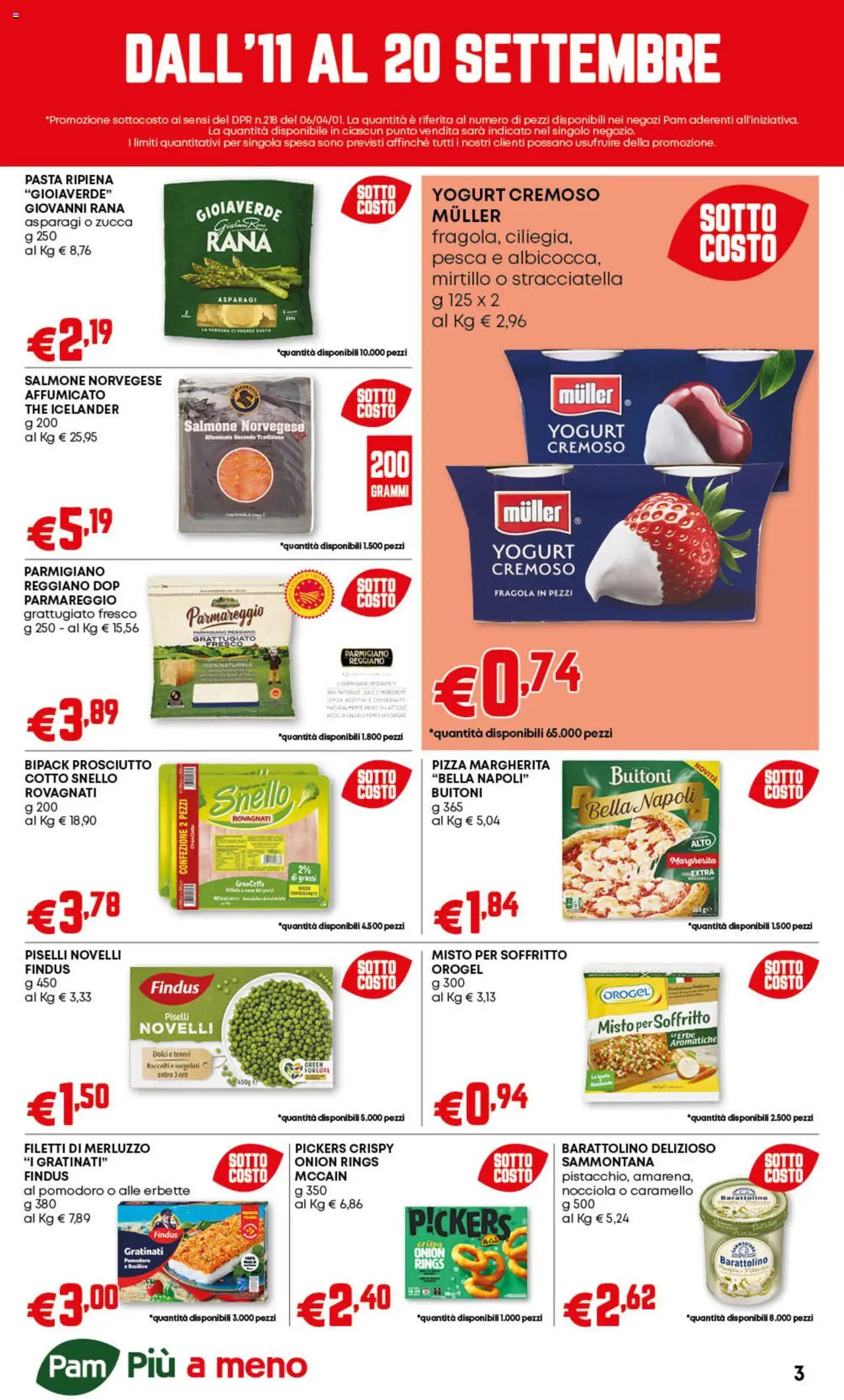 Volantino PAM del 11.09.2025 | Pagina: 3 | Prodotti: Salmone, Merluzzo, Pomodoro, Pesca