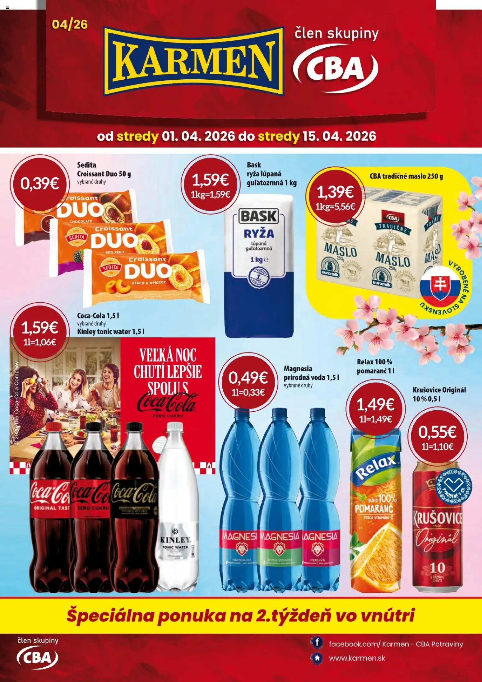 Nové KARMEN CBA akcie – leták je platný od 01.04.2026 | Strana: 1 | Produkty: Ryža, Krušovice, Magnesia, Cola
