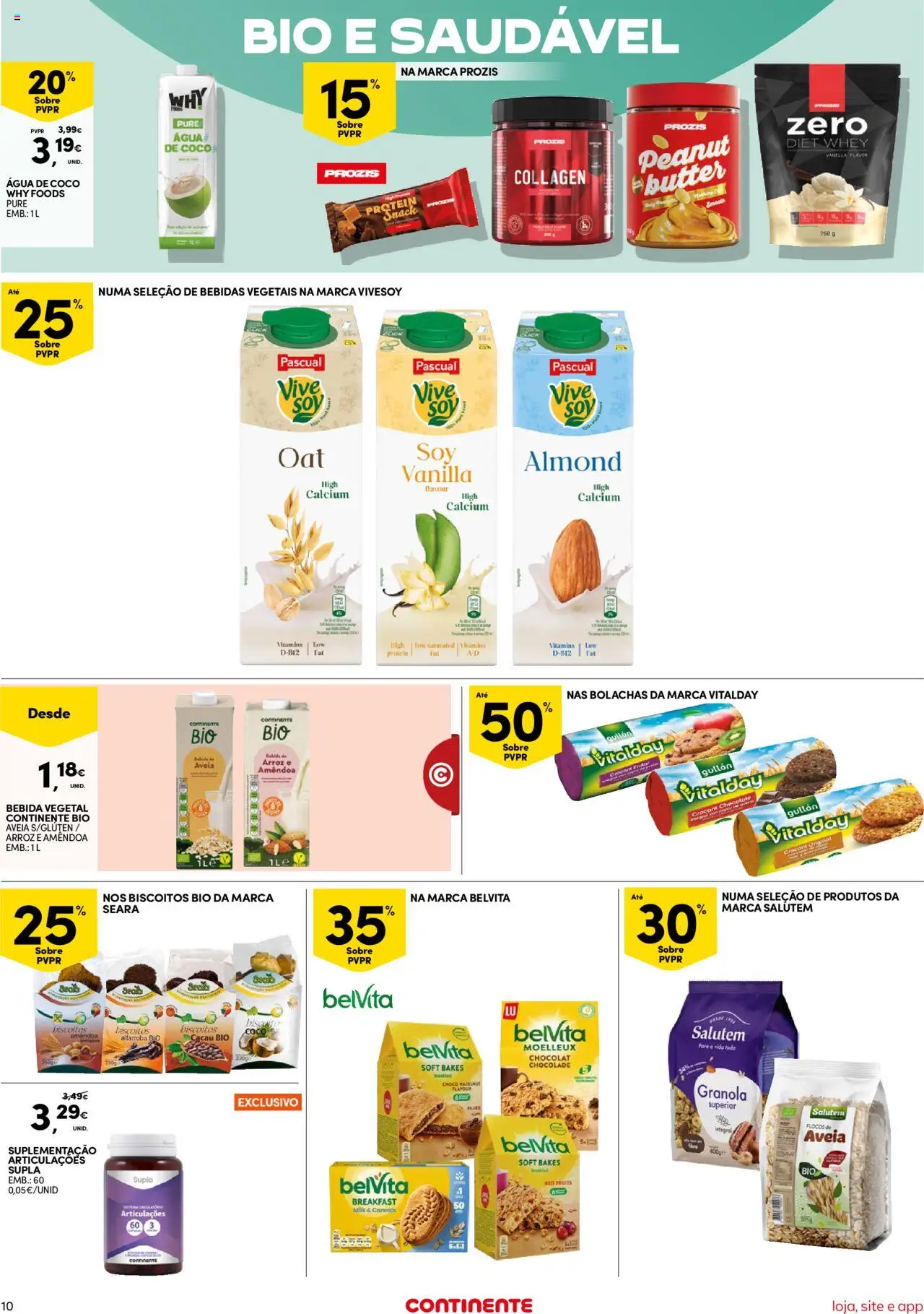 Continente Semanal Continente Bom Dia │ válido de 21.10.2025 | Página: 10 | Produtos: Agua, Aveia, Bolachas, Whey protein