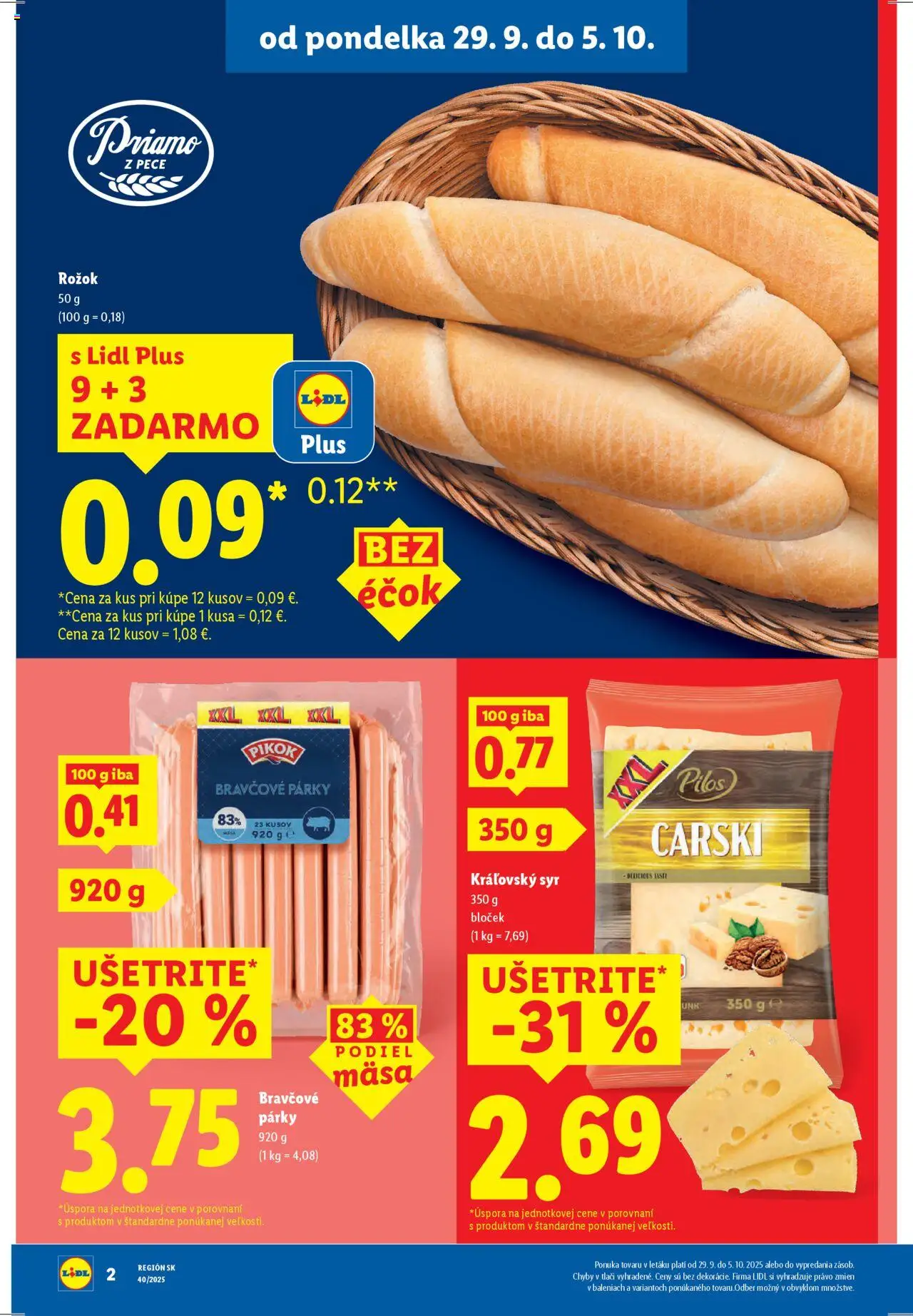 Nové Lidl akcie – leták je platný od 29.09.2025 | Strana: 2 | Produkty: Syr, Rožok, Párky