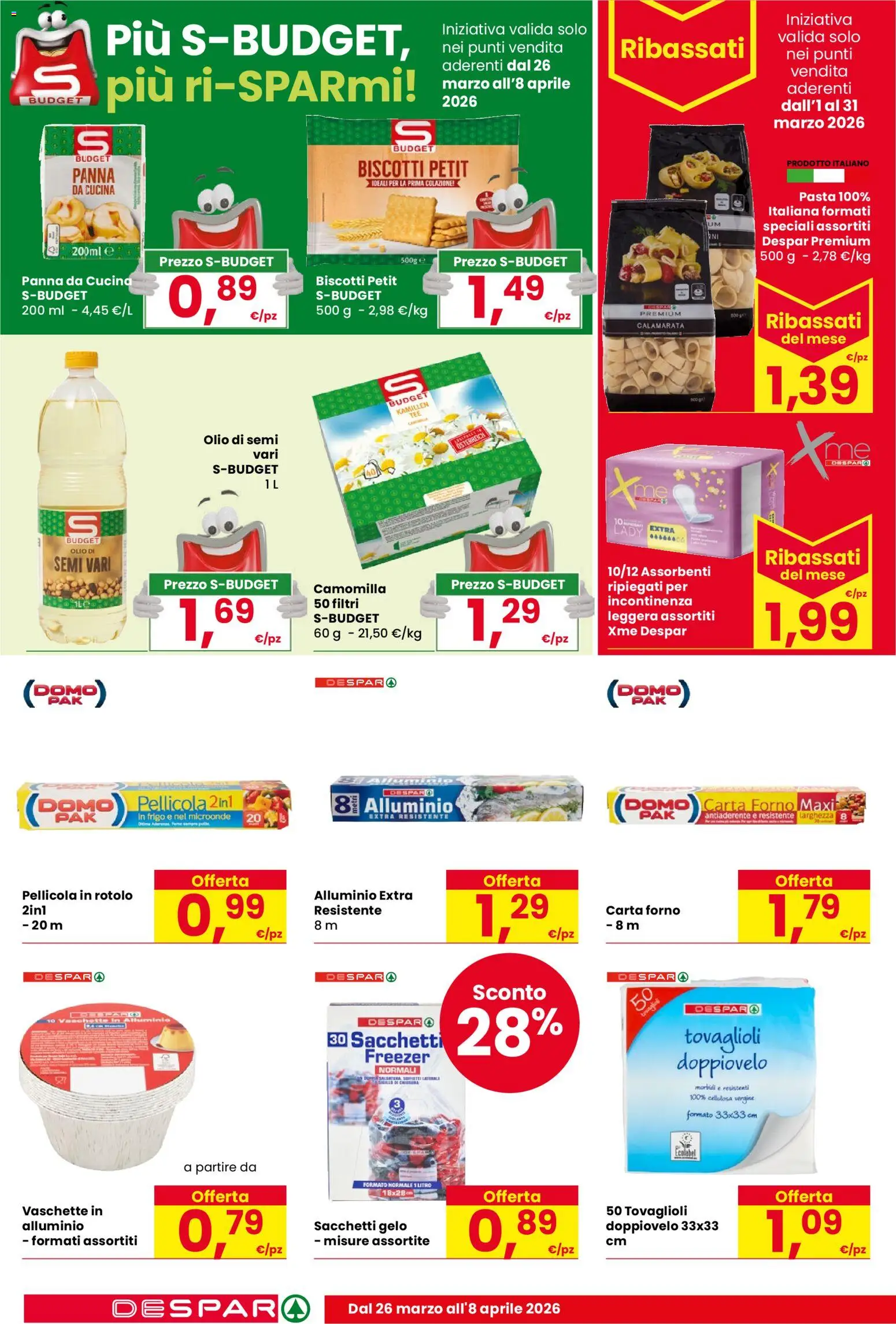 Volantino Despar del 26.03.2026 | Pagina: 18 | Prodotti: Panna, Biscotti, Forno, Carta forno