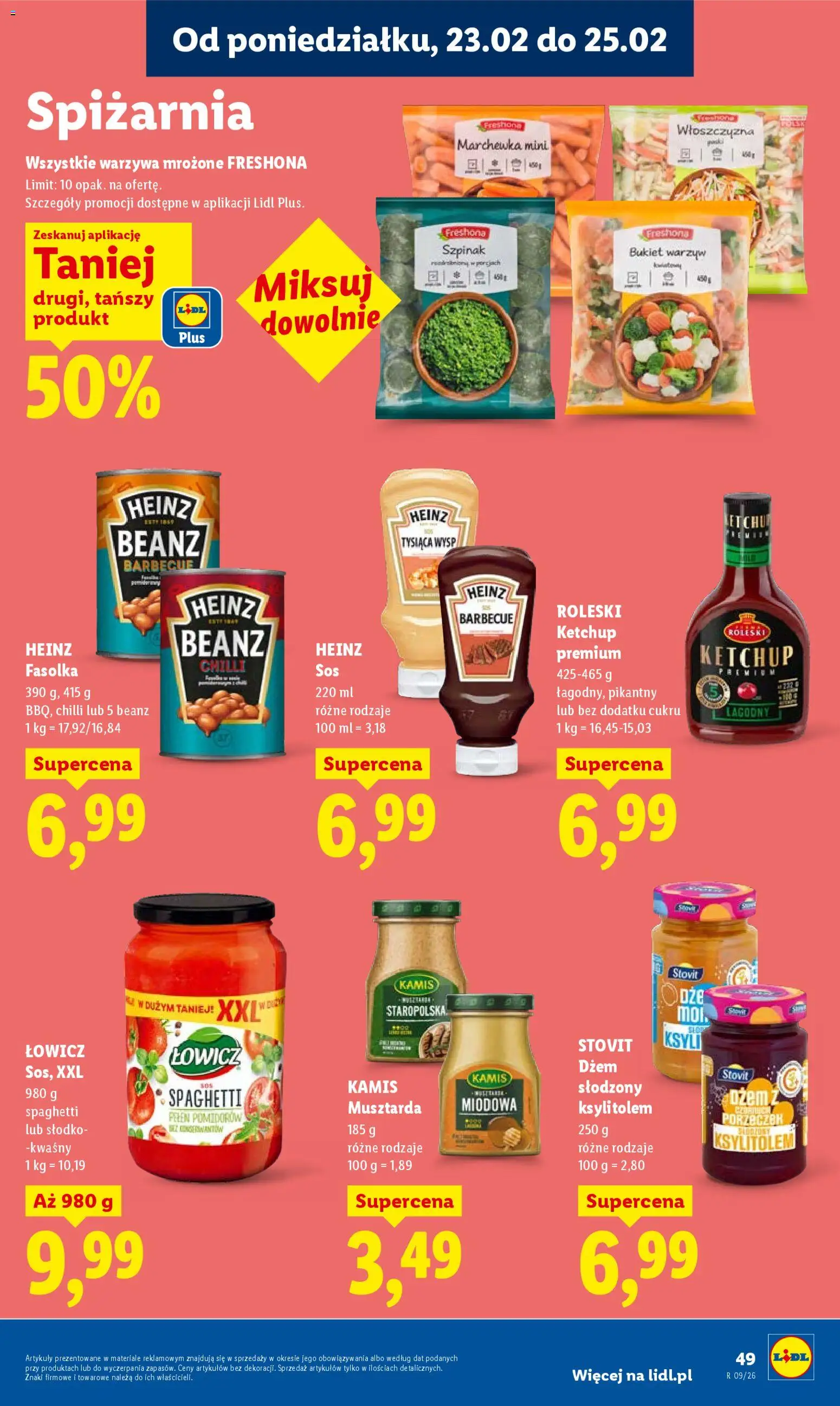 Lidl Gazetka od 23.02.2026 | Strona: 49 | Produkty: Ketchup, Fasolka heinz, Szpinak, Warzywa