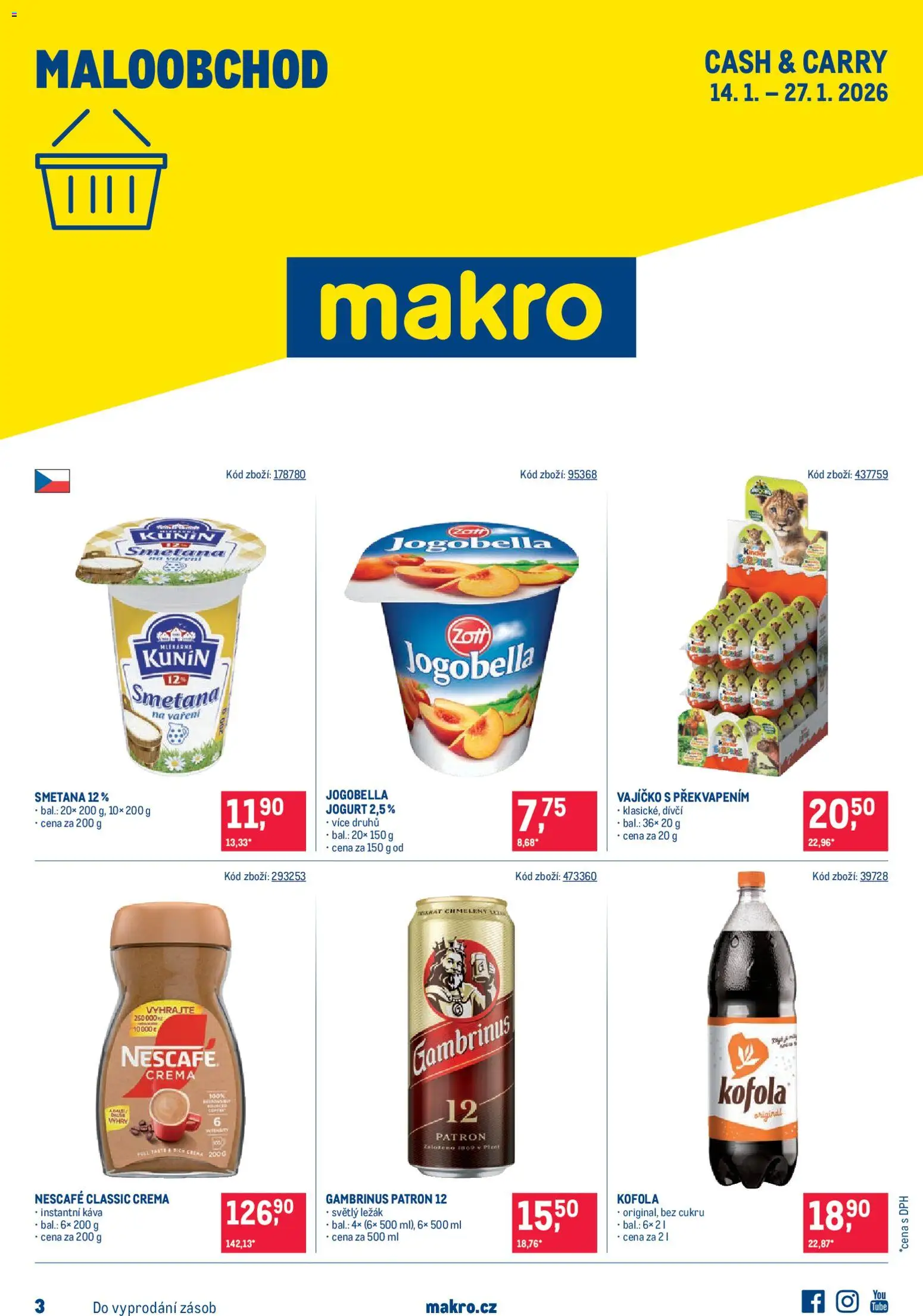 Makro leták - Maloobchod od 14.01.2026 | Strana: 1 | Produkty: Smetana, Nescafé, Kofola, Crema