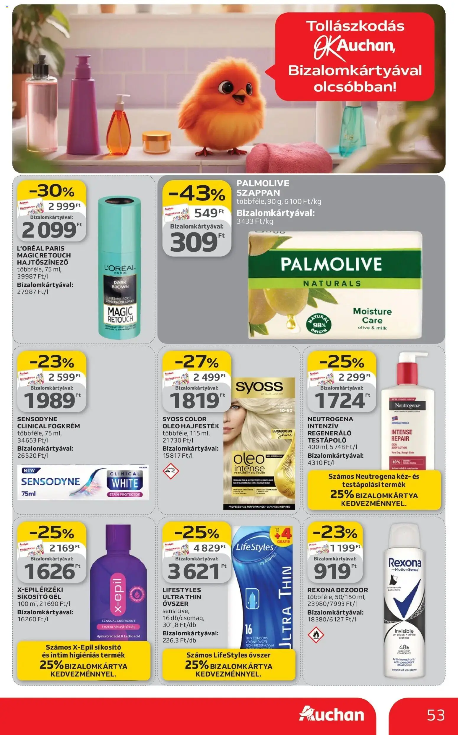 Auchan akciós ujság - amely érvényes a következő dátumtól: 12.03.2026 | Oldal: 53 | Termékek: Sikosító, Hajfesték, Testápoló, Dezodor