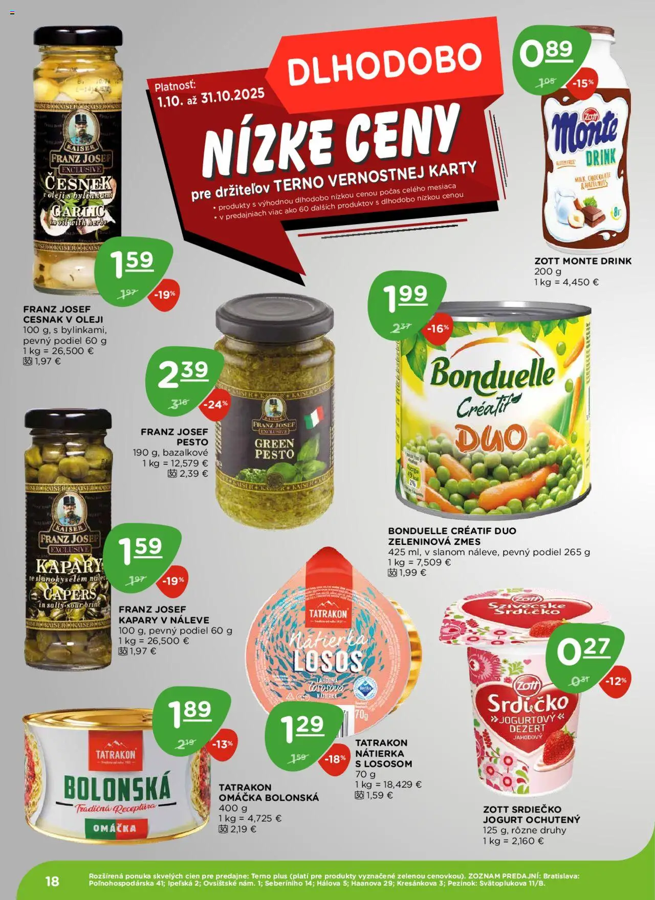 Nové Terno akcie – leták je platný od 09.10.2025 | Strana: 18 | Produkty: Jogurt, Losos, Cesnak, Omáčka