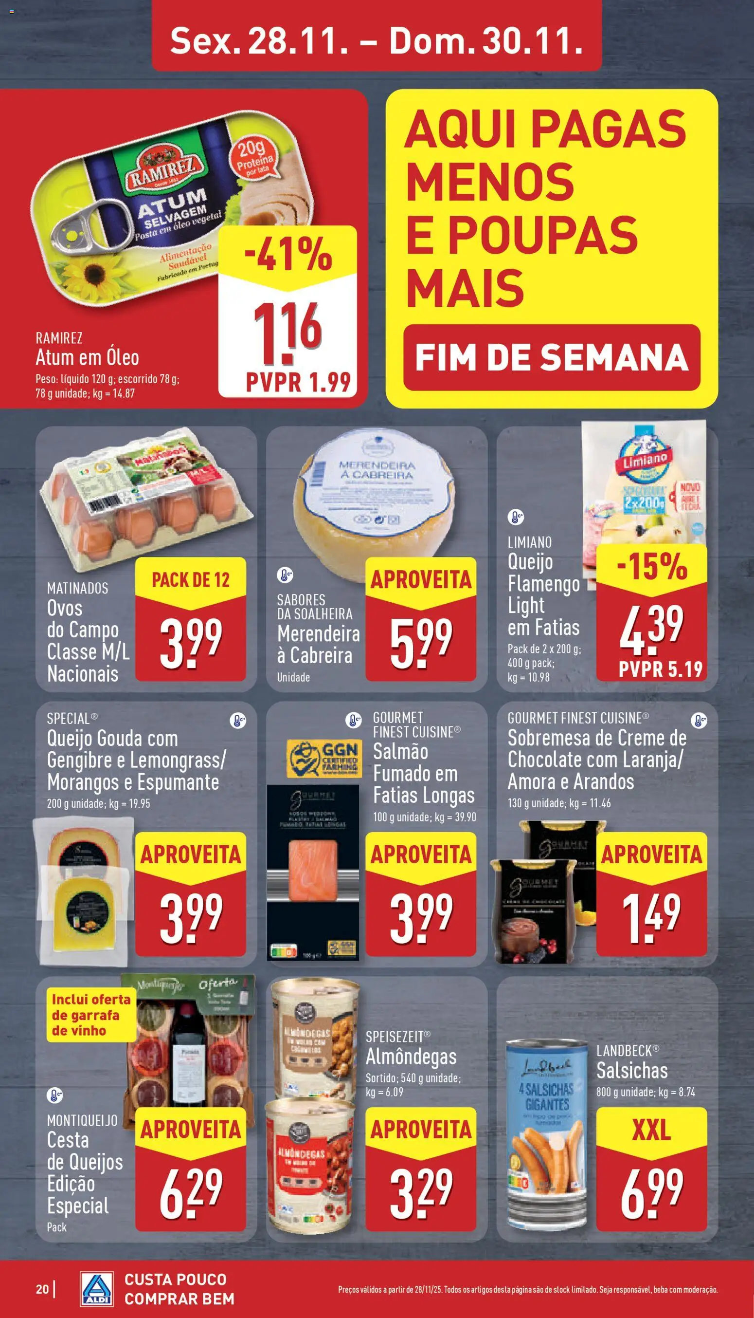 Aldi folheto │ válido de 24.11.2025 | Página: 20 | Produtos: Salmão, Ovos, Chocolate, Creme