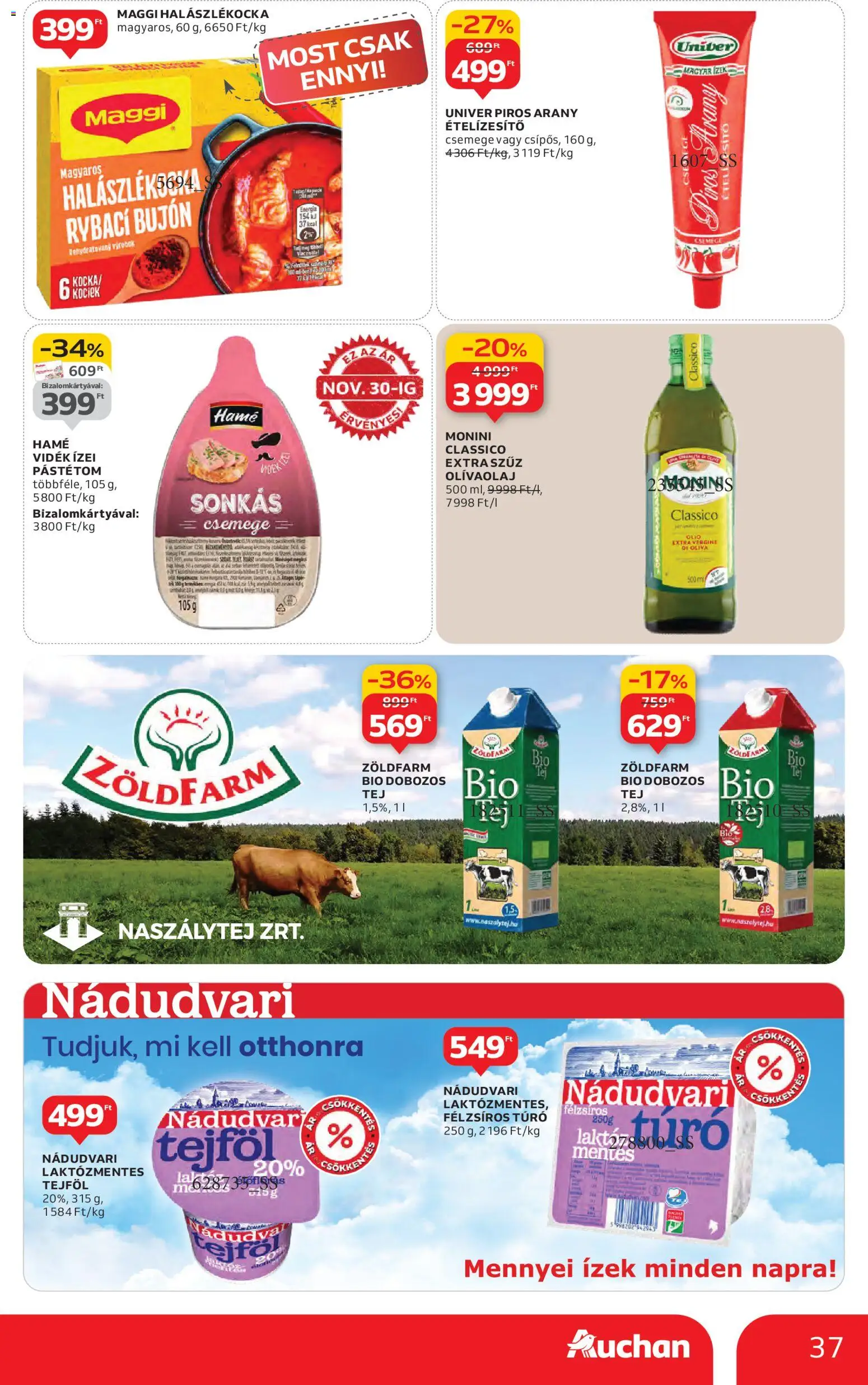 Auchan akciós ujság - amely érvényes a következő dátumtól: 27.11.2025 | Oldal: 37 | Termékek: Maggi, Pástétom, Túró, Olívaolaj