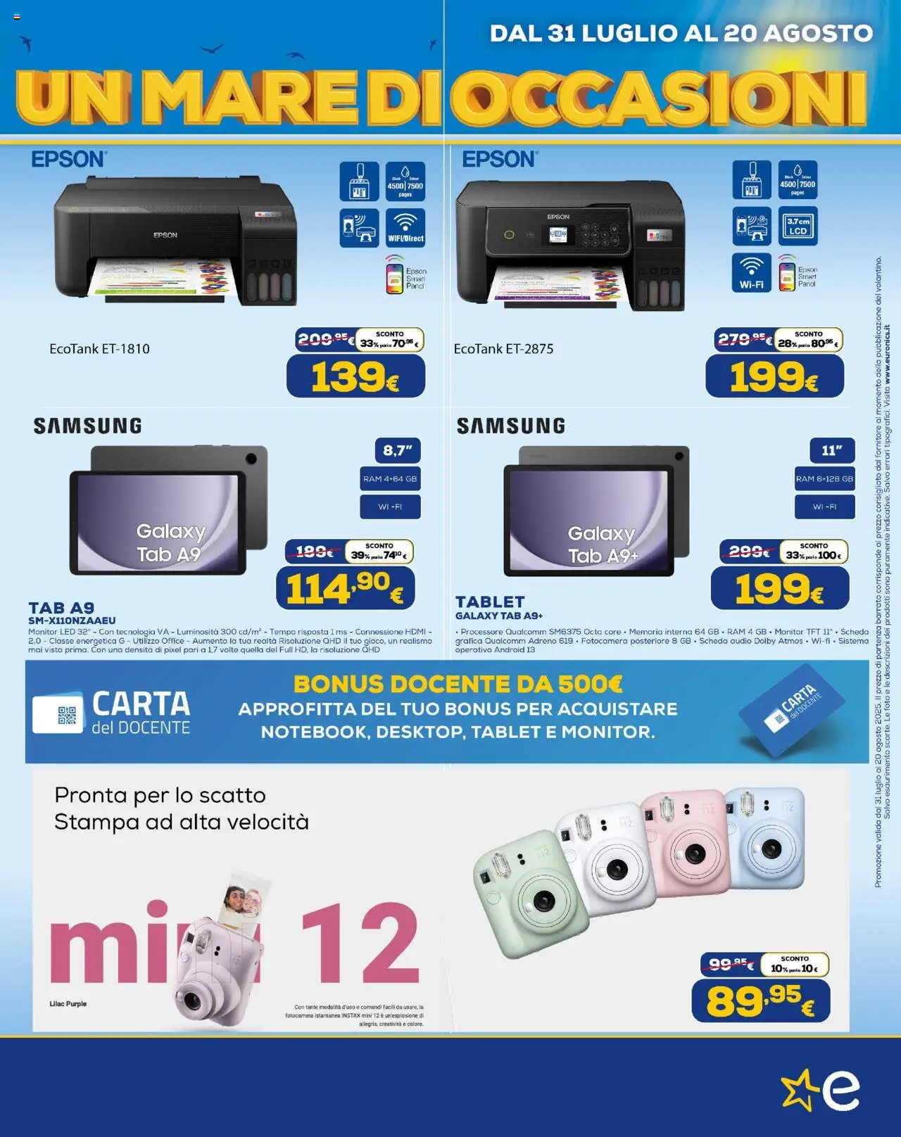 Volantino Euronics del 31.07.2025 | Pagina: 11 | Prodotti: Tablet, Audio, Fotocamera, Stampa