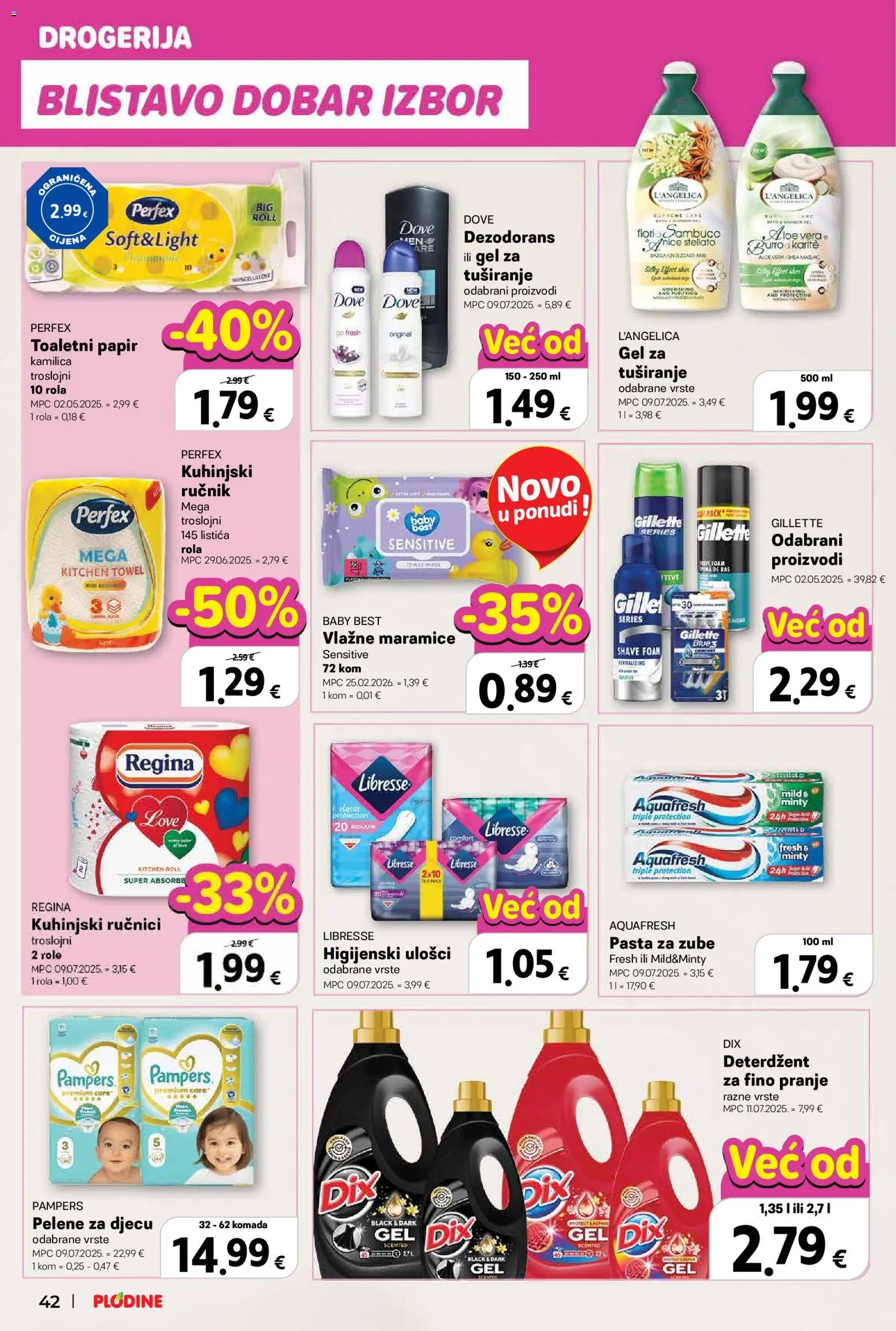 Plodine katalog | vrijedi od 01.04.2026 | Stranica: 50 | Proizvodi: Higijenski ulošci, Vlažne maramice, Pampers, L'Angelica