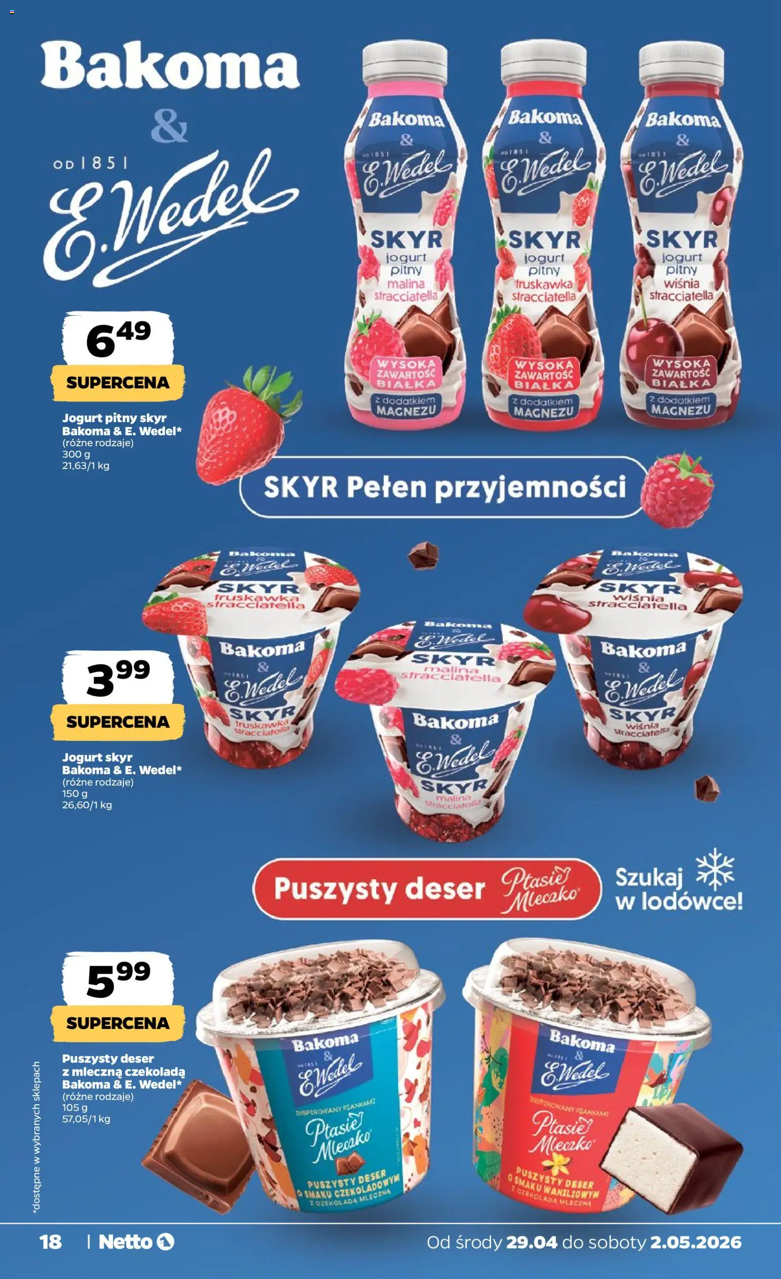 Netto gazetka od środy spożywcza od 29.04.2026 | Strona: 18 | Produkty: Czekolada mleczna, Jogurt pitny, Jogurt, Czekolada