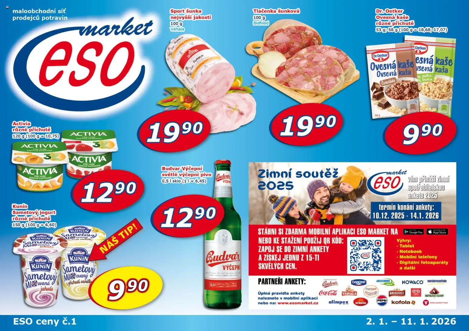 Eso market leták od 02.01.2026 | Strana: 1 | Produkty: Budvar, Ovesná kaše, Tablet, Krušovice