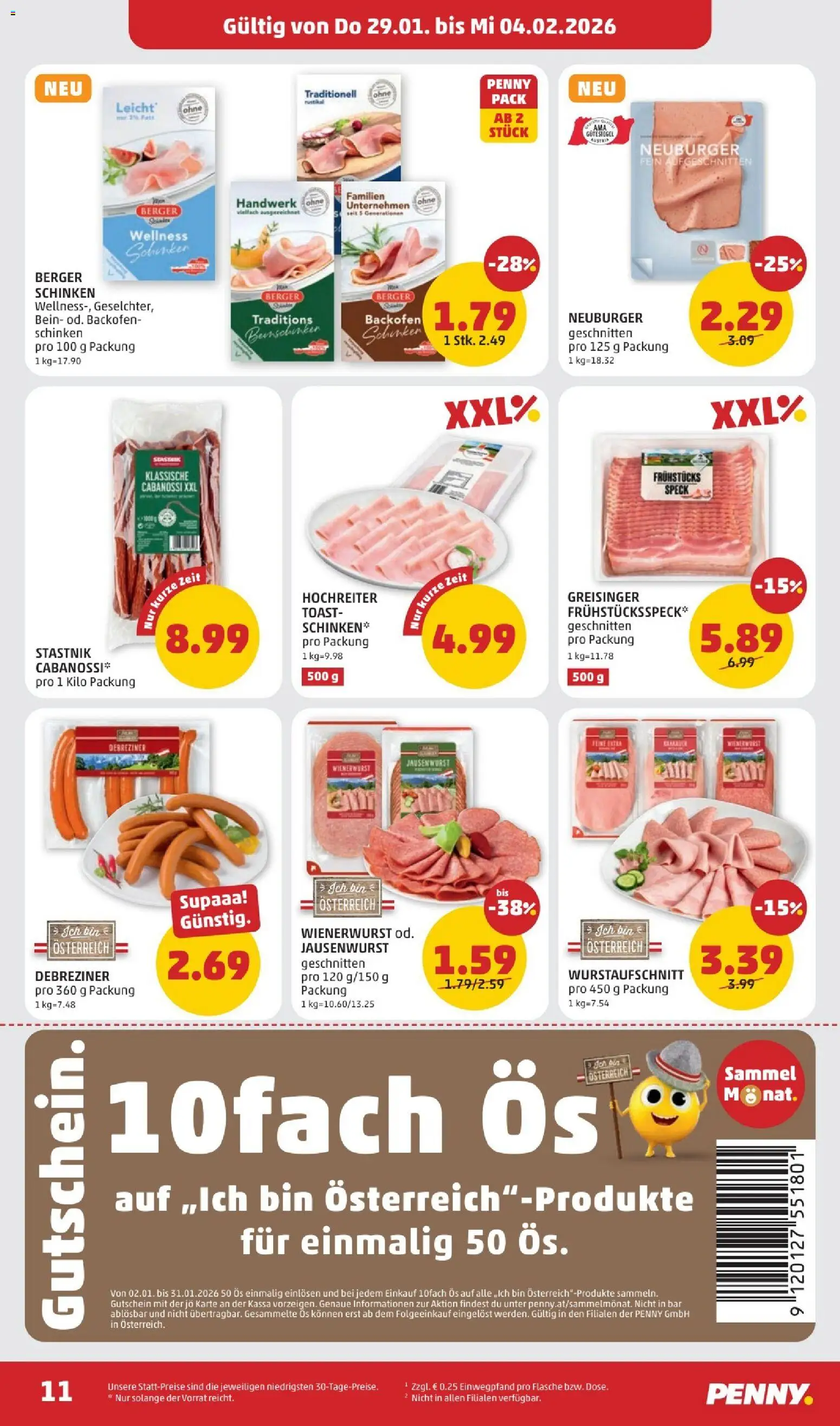 Penny Markt Flugblatt gültig ab 29.01.2026 | Seite: 11 | Produkte: Wurst, Schinken