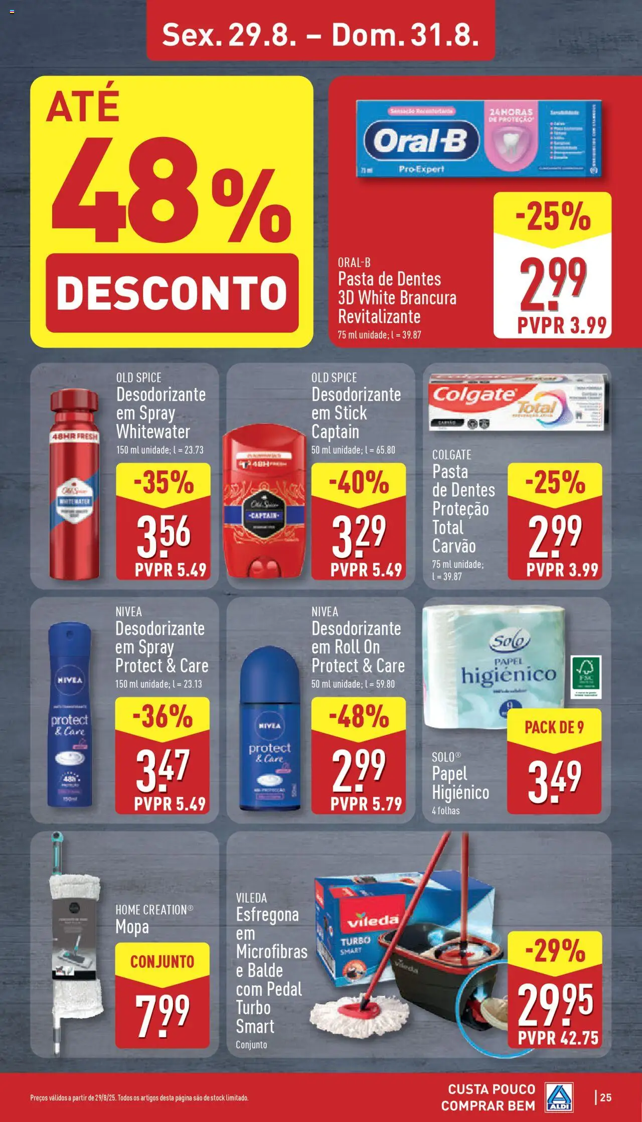 Aldi folheto │ válido de 25.08.2025 | Página: 25 | Produtos: Balde, Papel higiénico, Desodorizante, Pasta de dentes