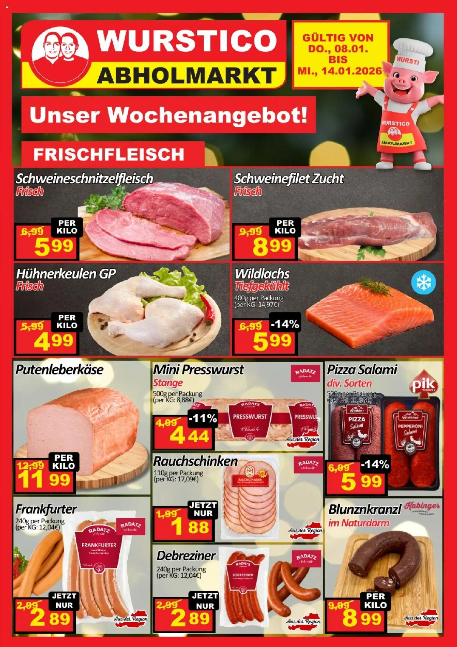 Wurstico Abholmarkt Flugblatt gültig ab 08.01.2026 | Seite: 1 | Produkte: Salami, Pizza