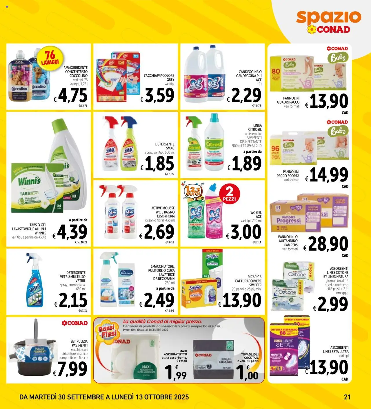 Volantino Spazio Conad del 30.09.2025 | Pagina: 21 | Prodotti: Pannolini, Detergente, Lavatrice, WC