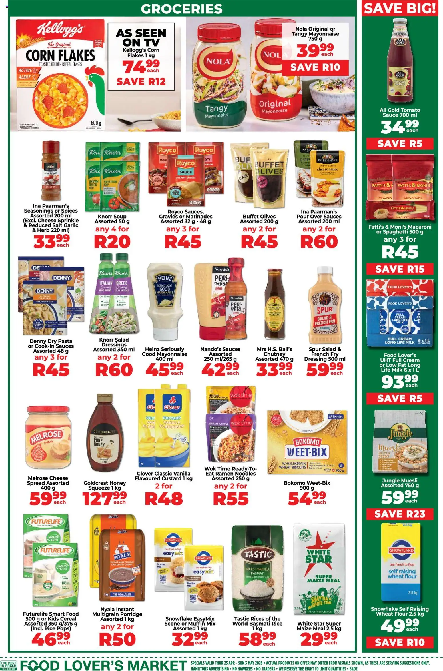 New Food Lover's Market catalogue – valid from 23.04.2026 | Page: 13 | Products: Maize meal, Tomato sauce, Dressing, Spices
