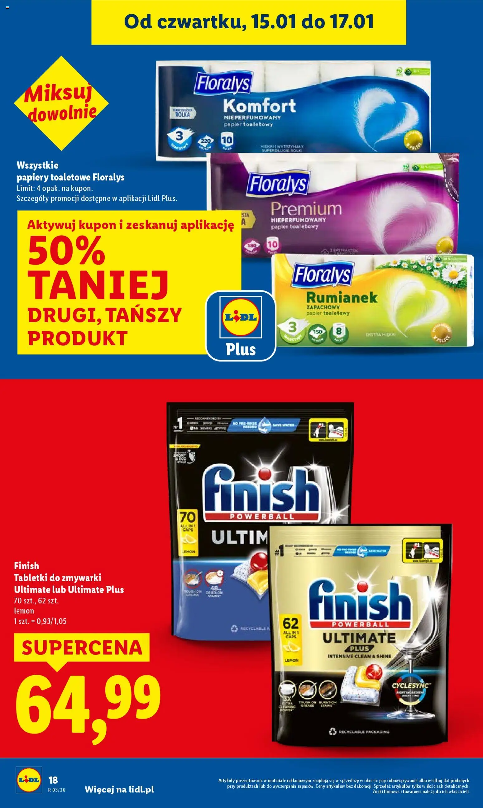 Lidl Gazetka od 15.01.2026 | Strona: 18 | Produkty: Papier toaletowy, Finish, Tabletki do zmywarki