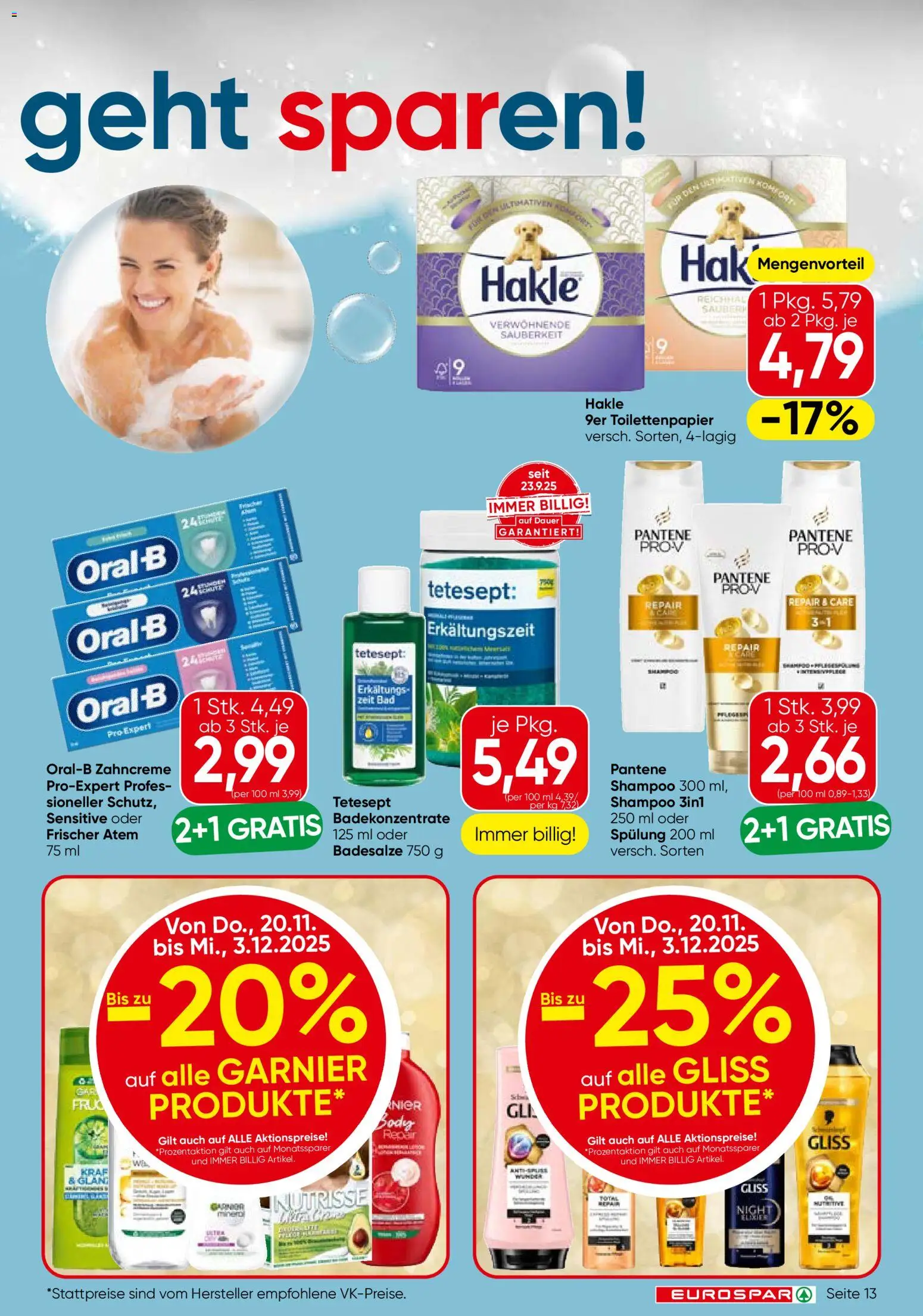 Eurospar Flugblatt - Oberösterreich gültig ab 20.11.2025 | Seite: 13 | Produkte: Bad, Shampoo, Spülung