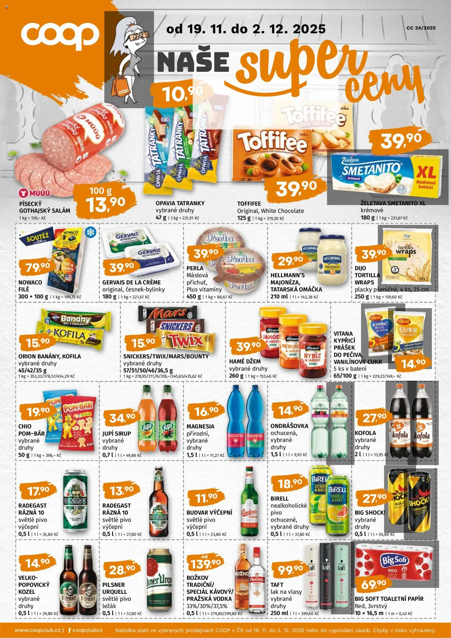 Trefa leták - COOP naše super ceny od 19.11.2025 | Strana: 1 | Produkty: Banány, Grep, Jupí, Pražská vodka