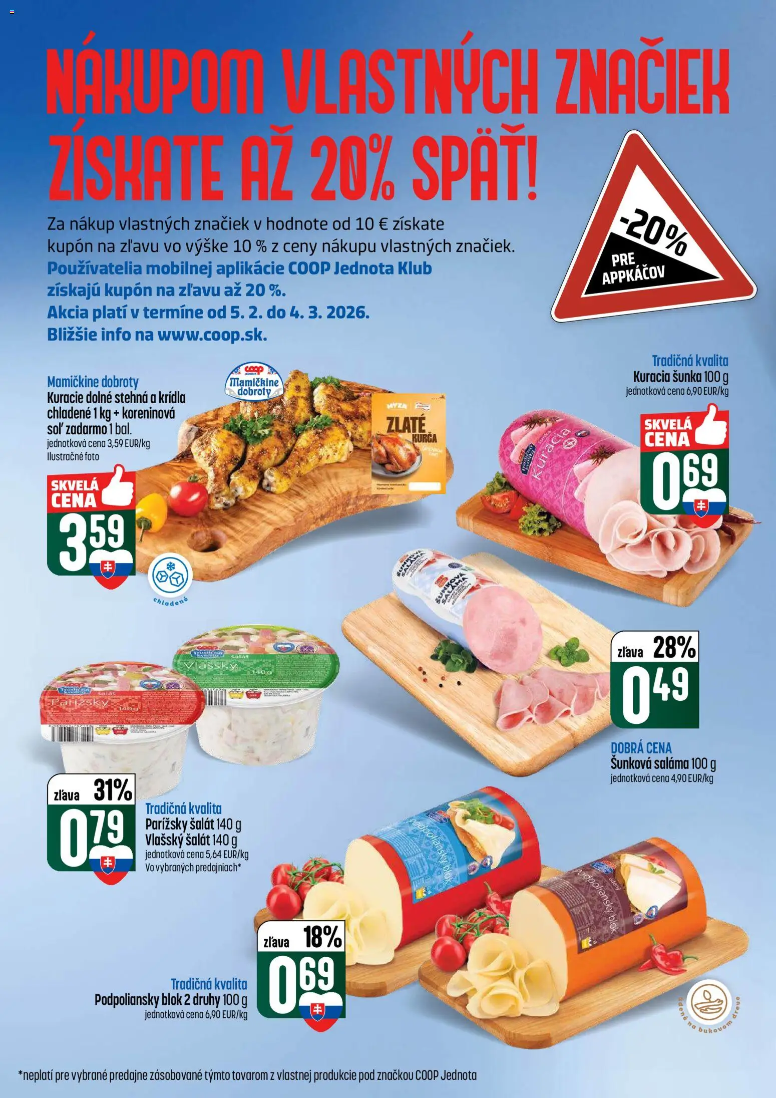 Nové COOP Jednota akcie – leták je platný od 12.02.2026 | Strana: 6 | Produkty: Saláma, Šunka, Šalát, Kurča