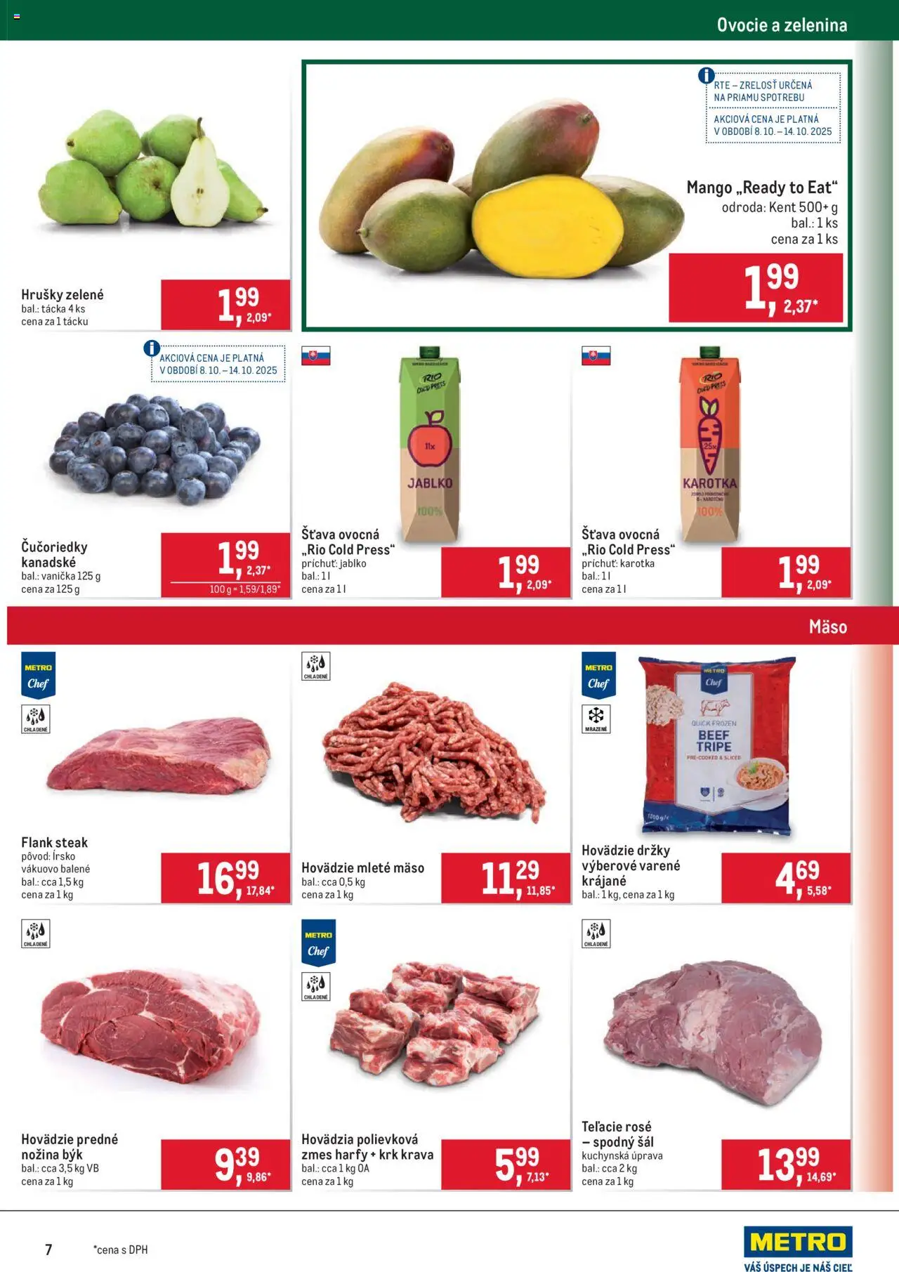 Nové Metro akcie – leták je platný od 08.10.2025 | Strana: 7 | Produkty: Čučoriedky, Mango, Hrušky, Ovocie