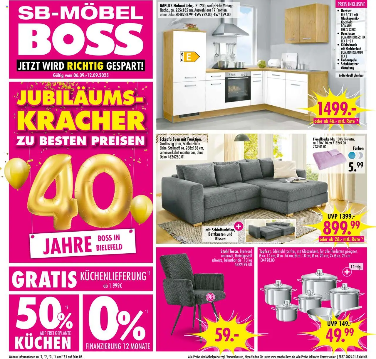 SB Möbel Boss Prospekt Bielefeld	 – gültig ab 06.09.2025 | Seite: 1 | Produkte: Ecksofa, Kissen, Kühlschrank, Kochfeld