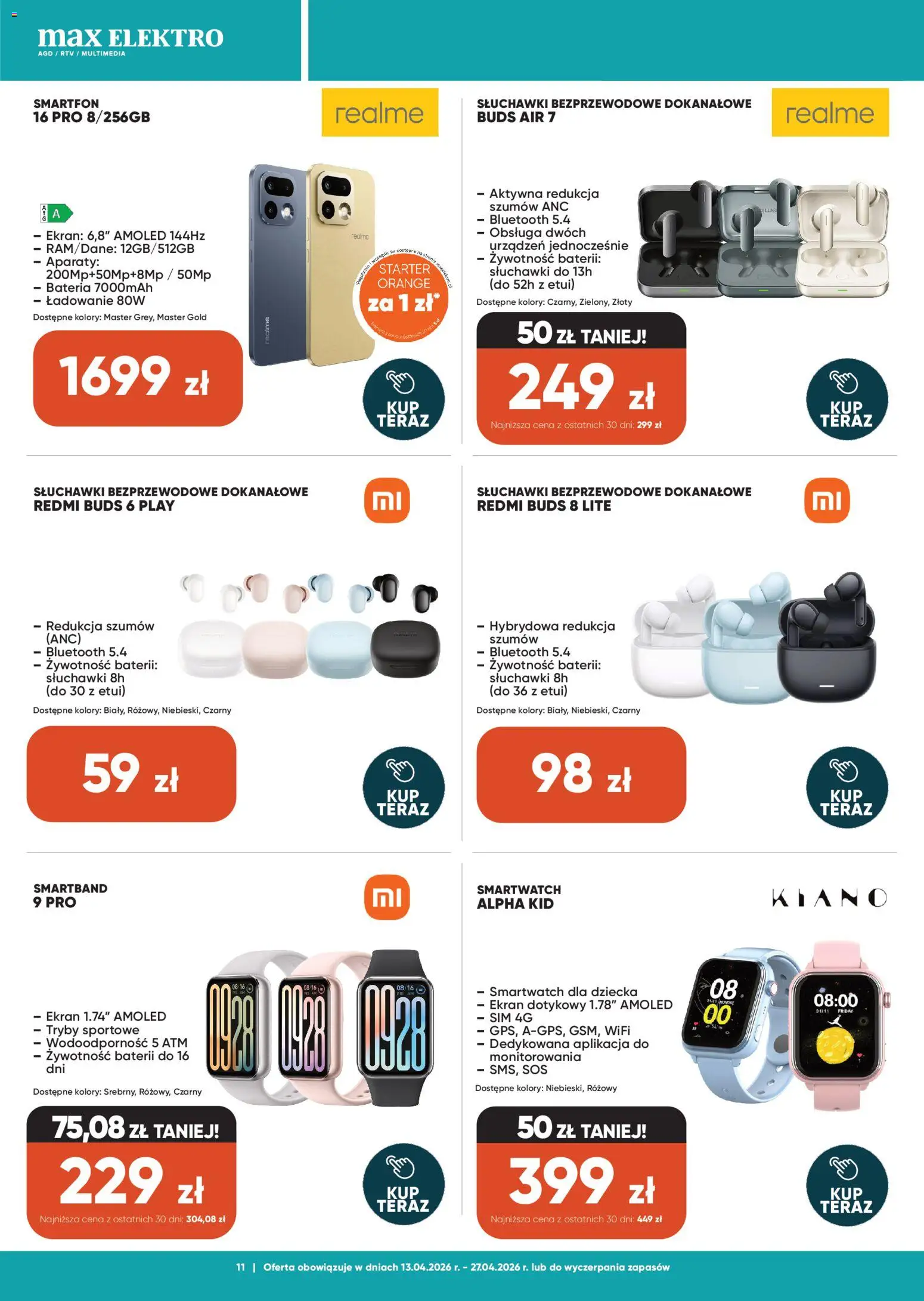 Max elektro gazetka od 13.04.2026 | Strona: 11 | Produkty: Starter, Słuchawki, Smartwatch, Sos