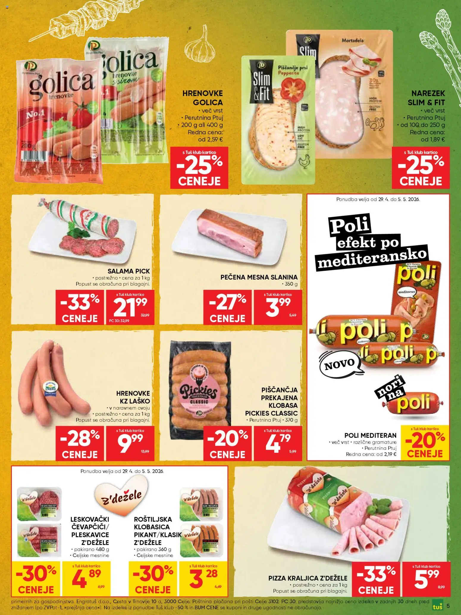 Novi Tuš katalog ponudbe – veljaven od 29.04.2026 | Stran: 5 | Izdelki: Hrenovke, Mortadela, Narezek, Salama