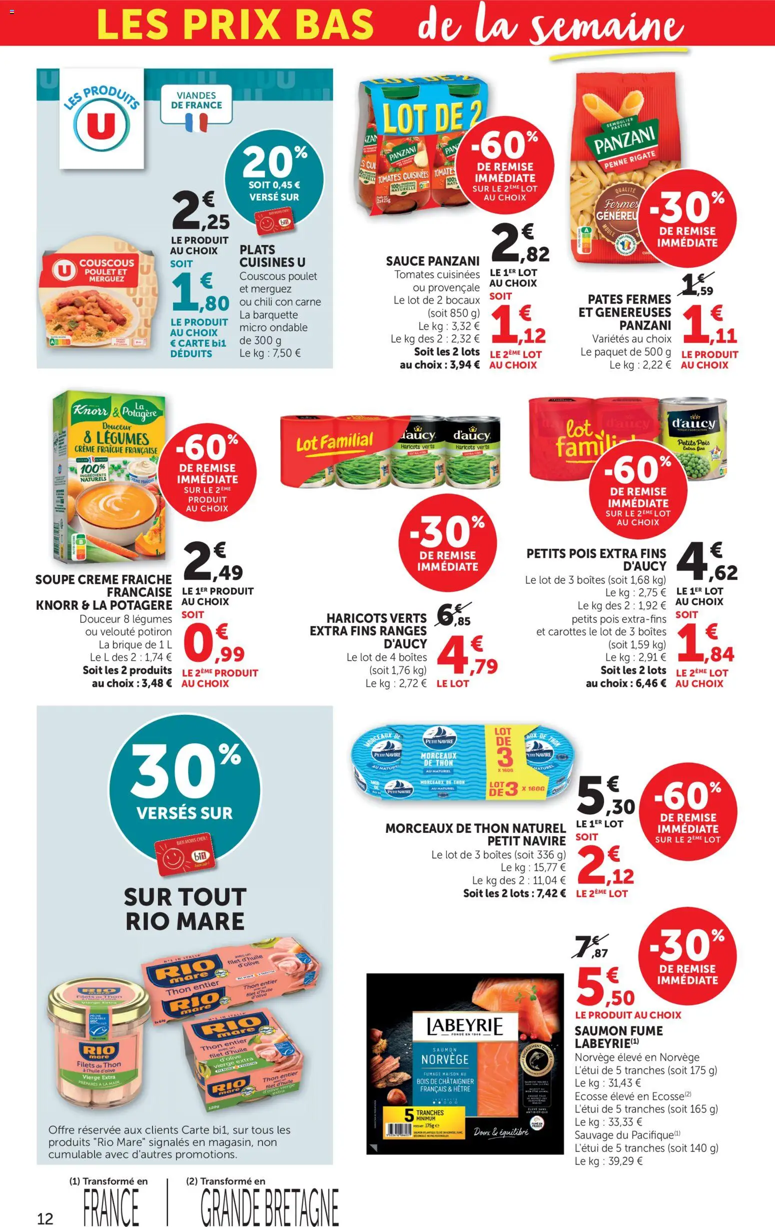 {H1} | Page: 12 | Produits: Soupe, Thon au naturel, Merguez, Pois