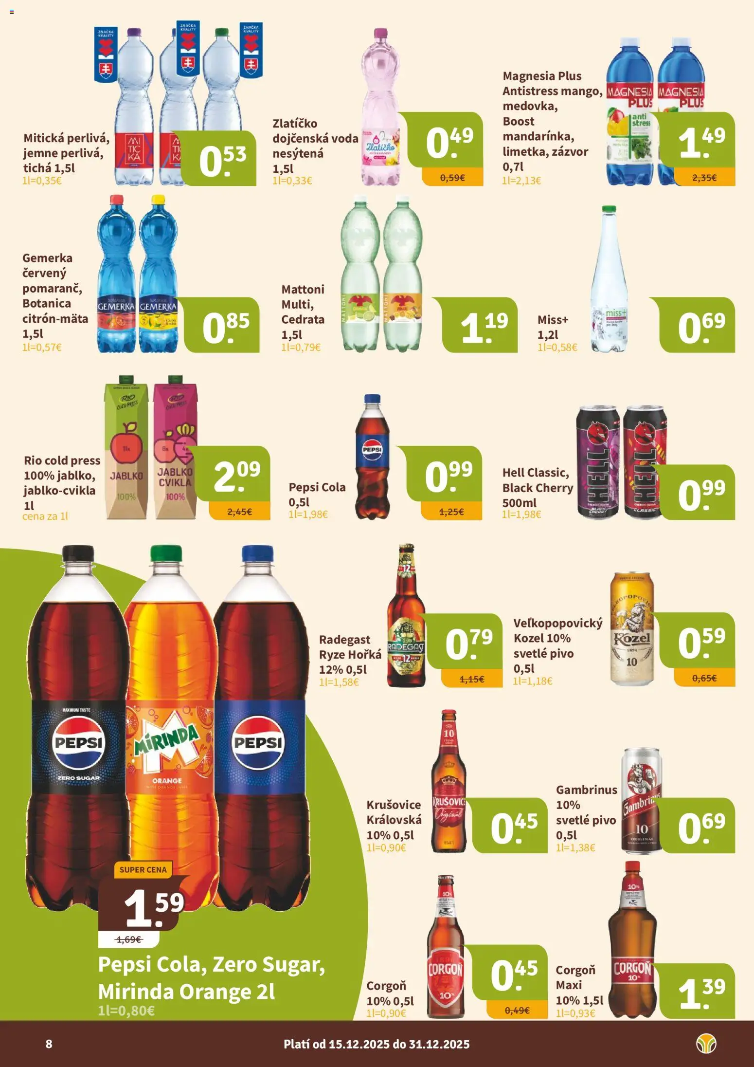 Nové Nitrazdroj akcie – leták je platný od 15.12.2025 | Strana: 8 | Produkty: Zázvor, Cvikla, Mattoni, Cola