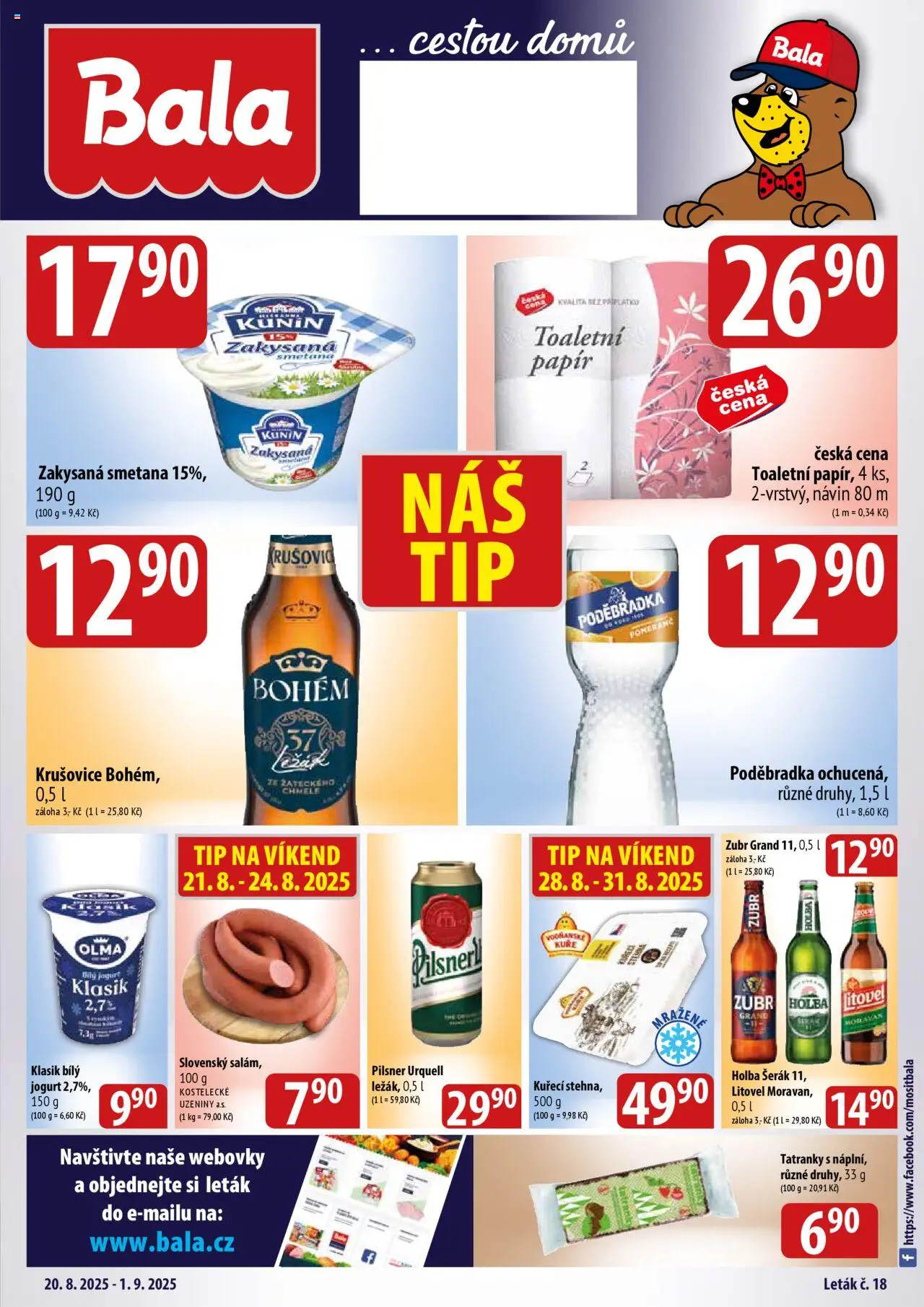 BALA velký leták holba + od 20.08.2025 | Strana: 1 | Produkty: Holba šerák, Pilsner, Šerák, Kuře