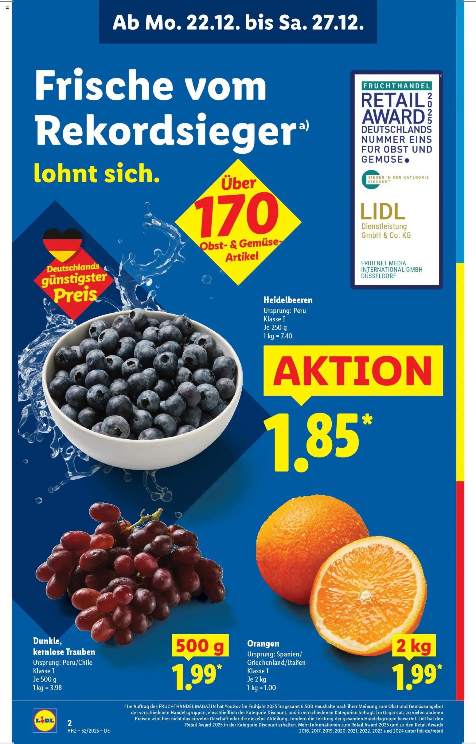 Lidl Prospekt Uffenheim – gültig ab 22.12.2025 | Seite: 8 | Produkte: Trauben, Orangen, Heidelbeeren, Obst