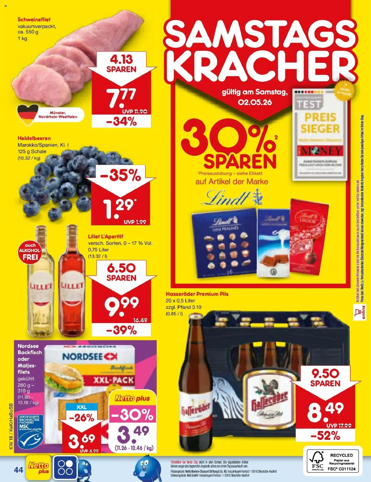 Netto Marken-Discount Prospekt Jüchen	 – gültig ab 27.04.2026 | Seite: 58 | Produkte: Heidelbeeren, Schweinefilet, Lindt, Hasseröder