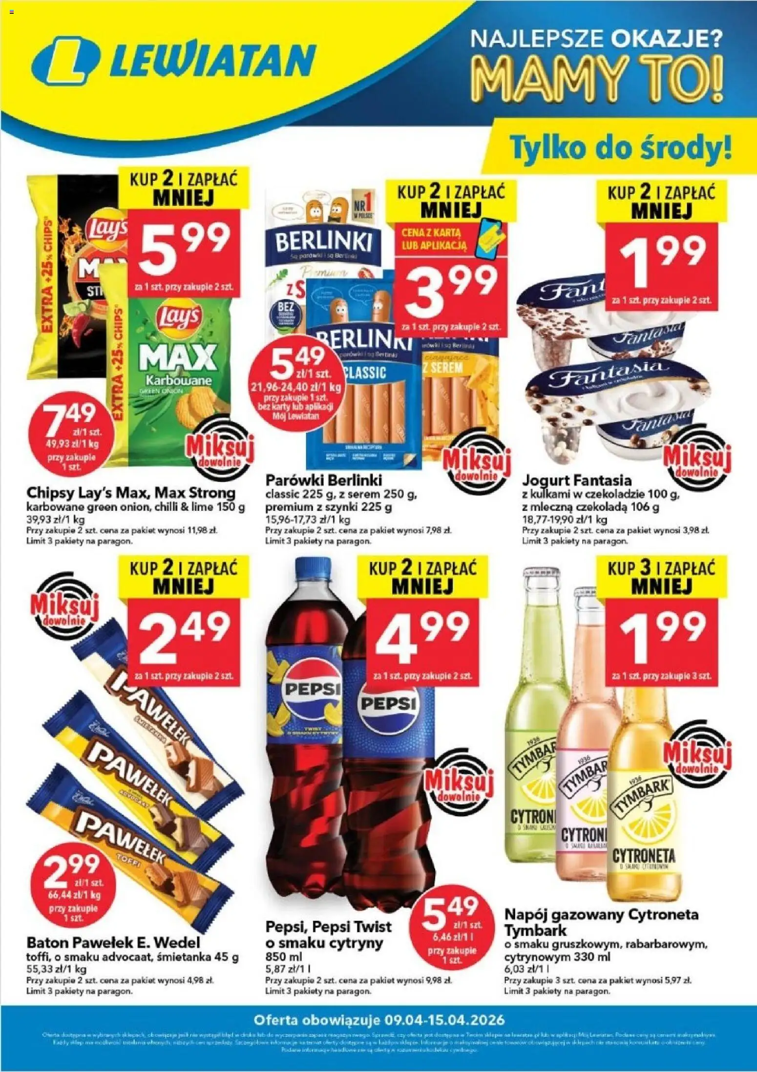 Lewiatan gazetka - W wielopakach taniej od 09.04.2026 | Strona: 1 | Produkty: Chipsy, Parówki berlinki, Cytryny, Czekolada