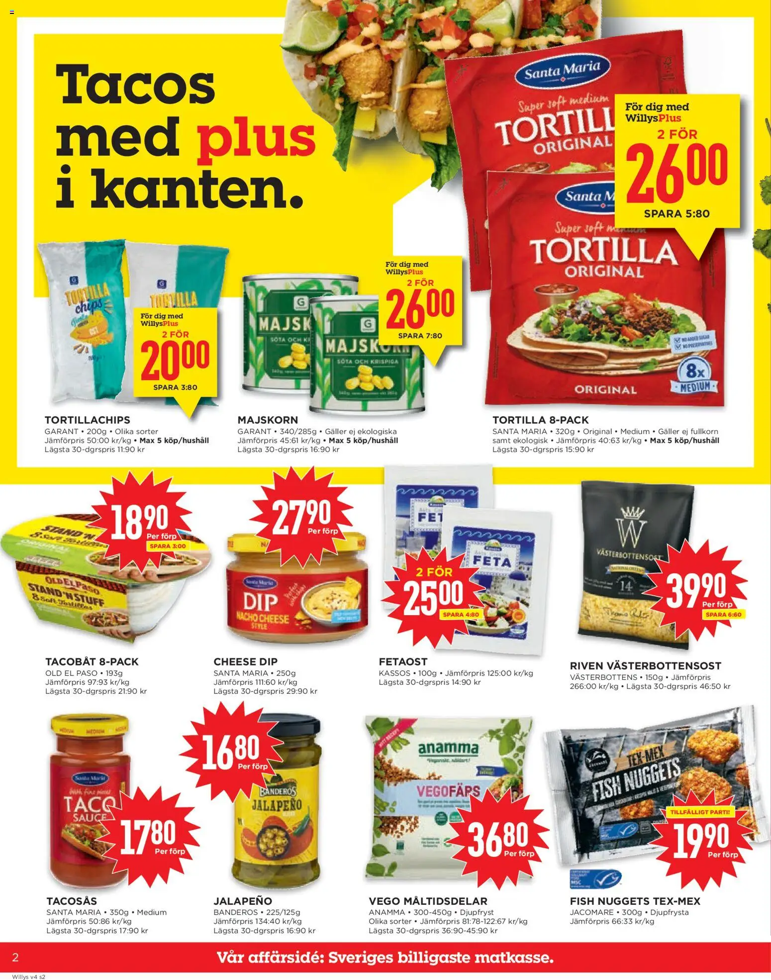 Willys reklamblad aktuell från 19.01.2026 | Sida: 2 | Produkter: Tacosås, Tortillachips, Chips, Fetaost