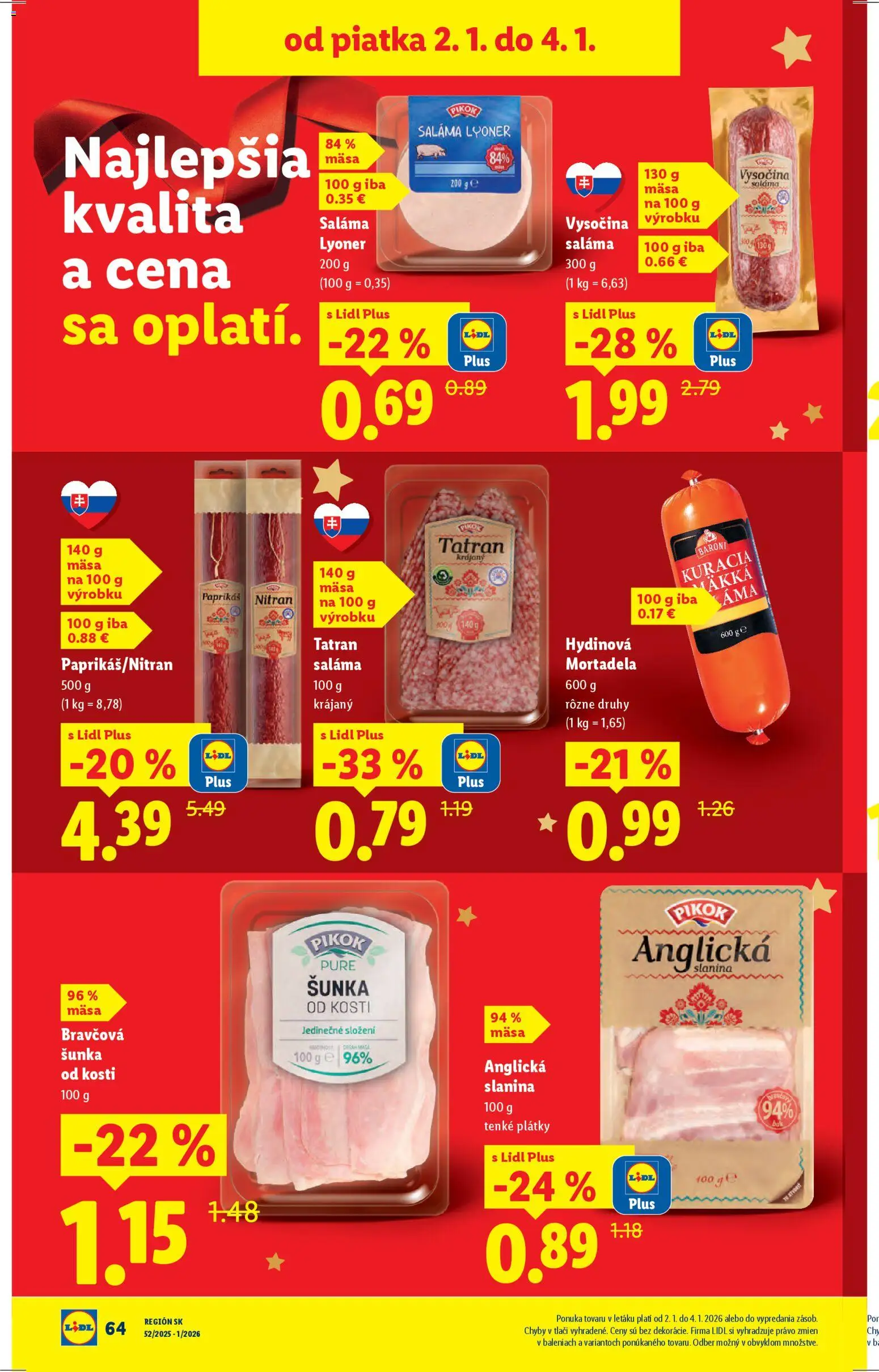 Nové Lidl akcie – leták je platný od 02.01.2026 | Strana: 12 | Produkty: Saláma, Šunka, Slanina