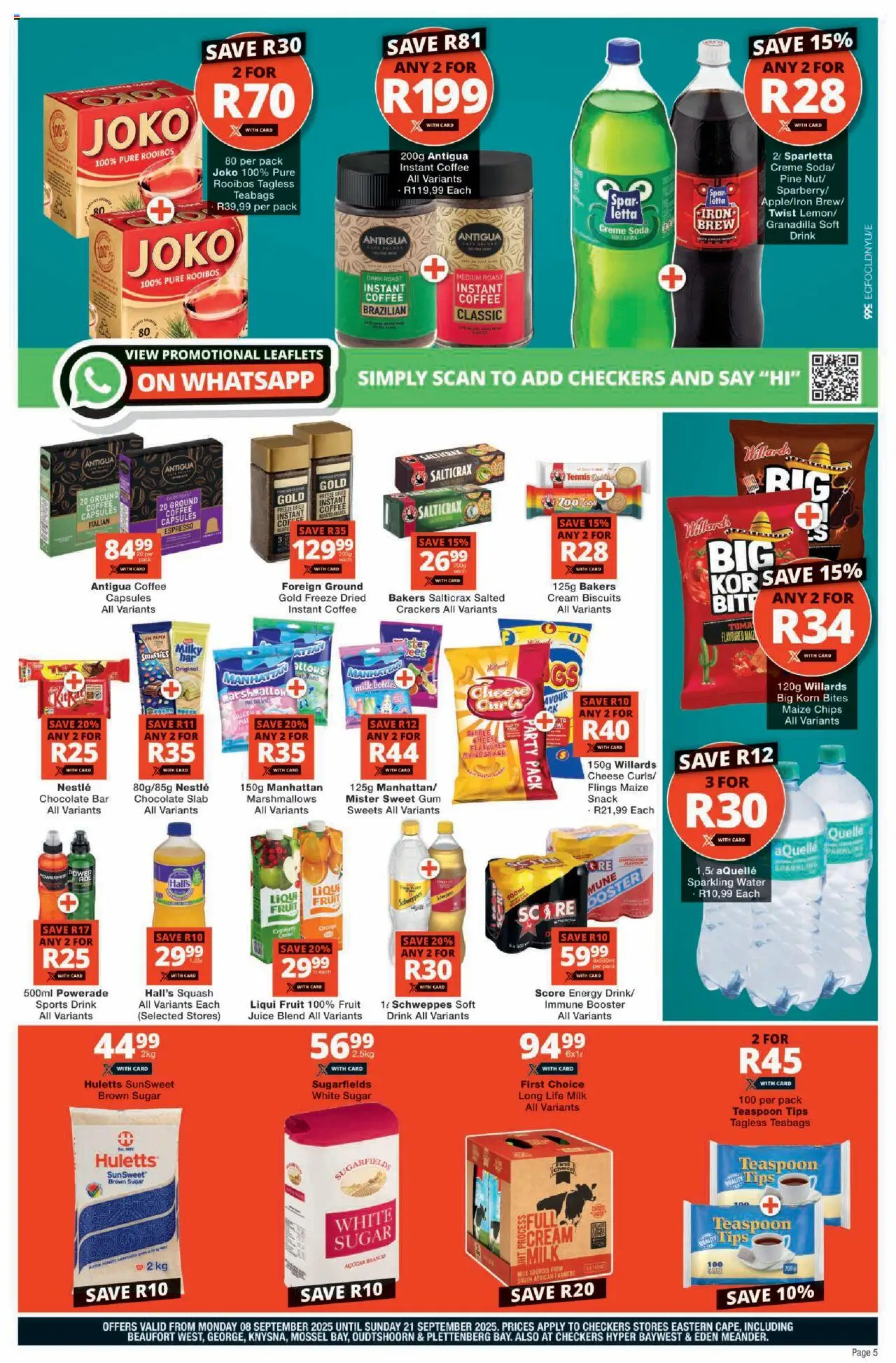 New Checkers catalogue – valid from 08.09.2025 | Page: 5 | Products: Squash, Milk, Cheese, Sugar