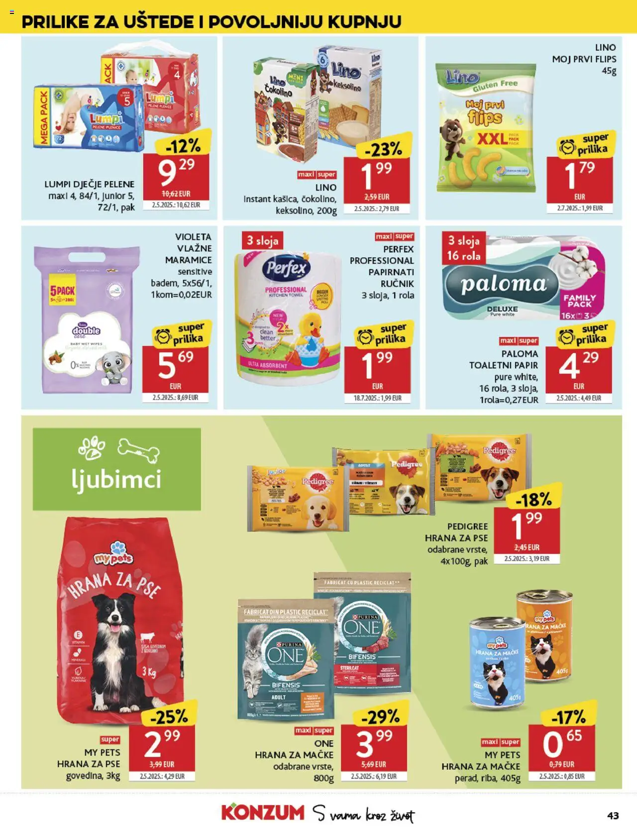 Konzum katalog | vrijedi od 01.10.2025 | Stranica: 43 | Proizvodi: Pelene, Keksolino, Toaletni papir, Hrana za mačke
