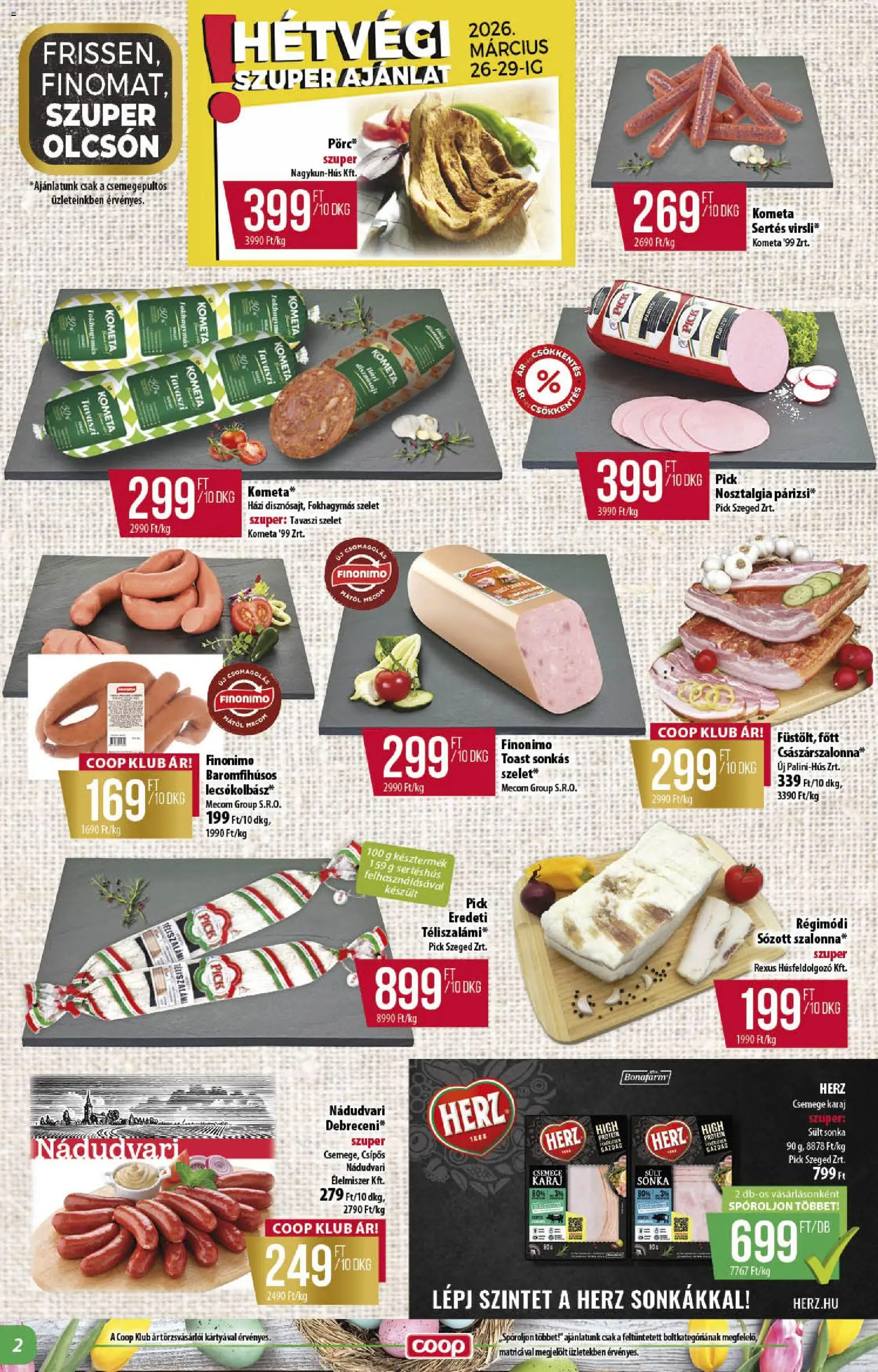 COOP akciós ujság - amely érvényes a következő dátumtól: 26.03.2026 | Oldal: 2 | Termékek: Pick, Protein, Karaj, Téliszalámi