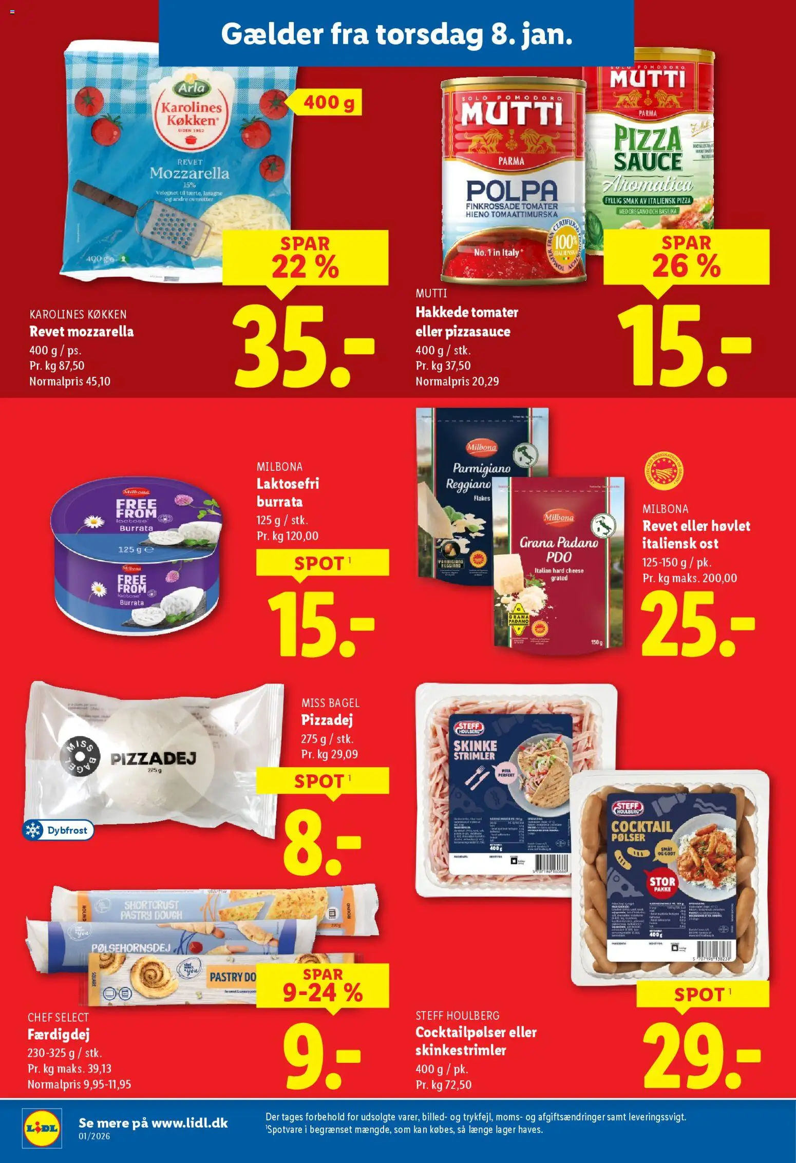 Lidl tilbudsavis – gyldig fra 02.01.2026 | Side: 39 | Produkter: Pølser, Pizza, Tomater, Mozzarella