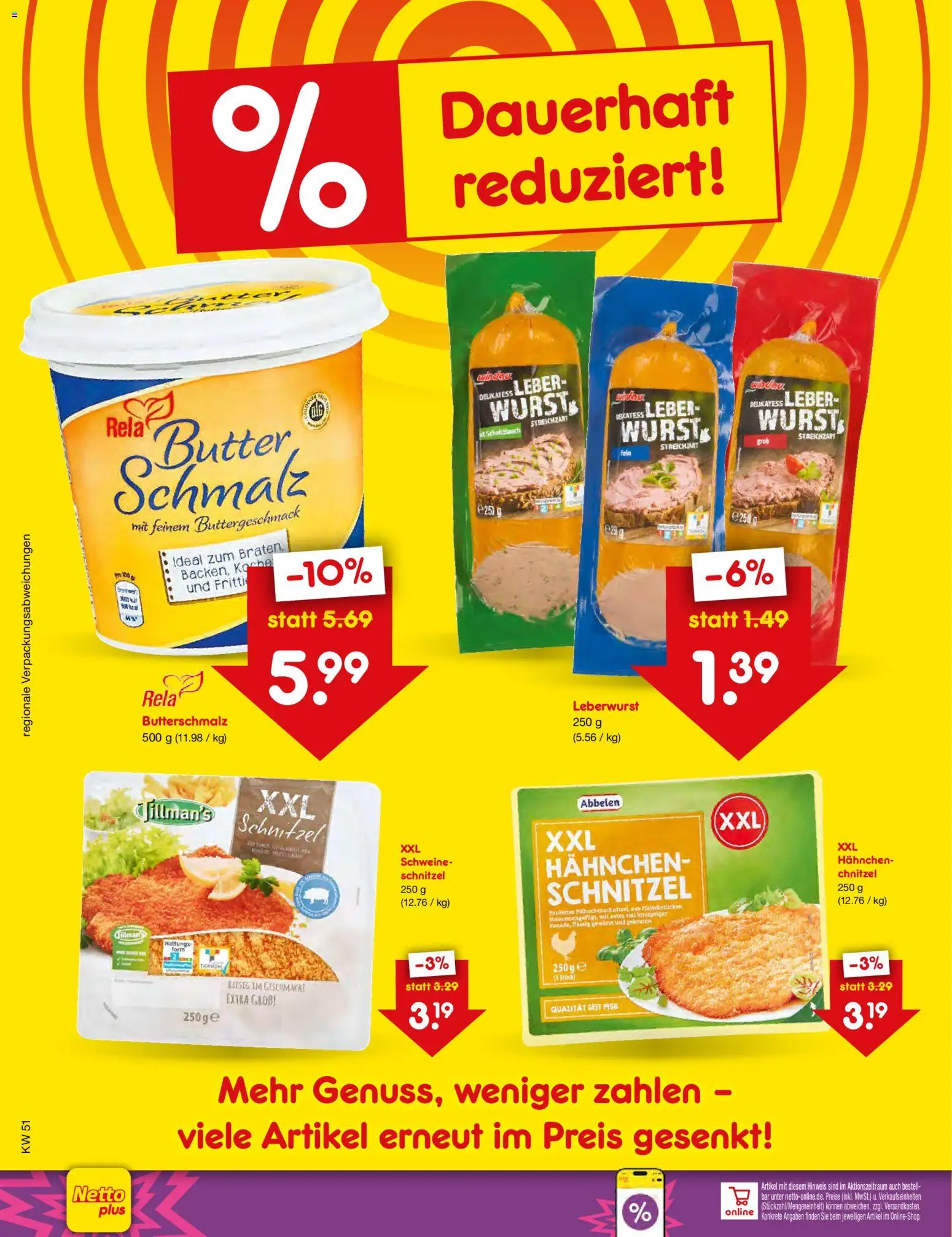 Netto Marken-Discount Preissenkung auf Dauer – gültig ab 18.12.2025 | Seite: 1 | Produkte: Butterschmalz, Hahnchen, Schnitzel, Wurst