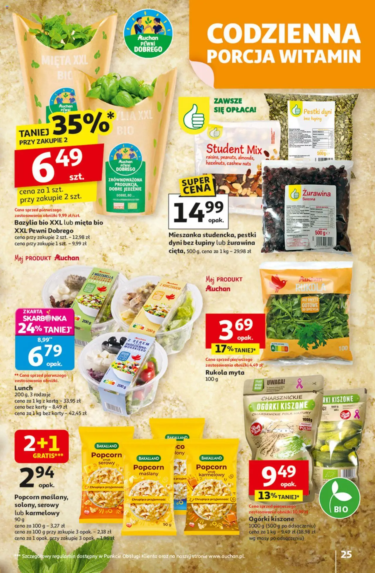 Auchan Gazetka - Odlotowe ceny na start szkoły Hipermarket od 21.08.2025 | Strona: 25 | Produkty: Bazylia, Popcorn, Pestki dyni, Mozzarella