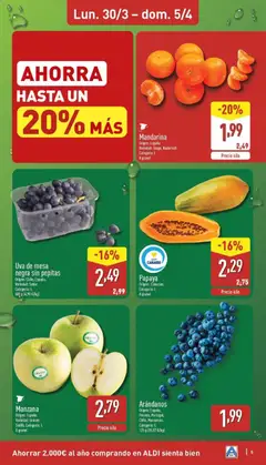 Vista previa Arándanos, Origen: España, Polonia, Portugal, Chile, Marruecos. Categoría: I. 125 g (15,92 €/kg) válido desde el 30.03.2026 | Página: 5 | Productos: Manzana, Mesa